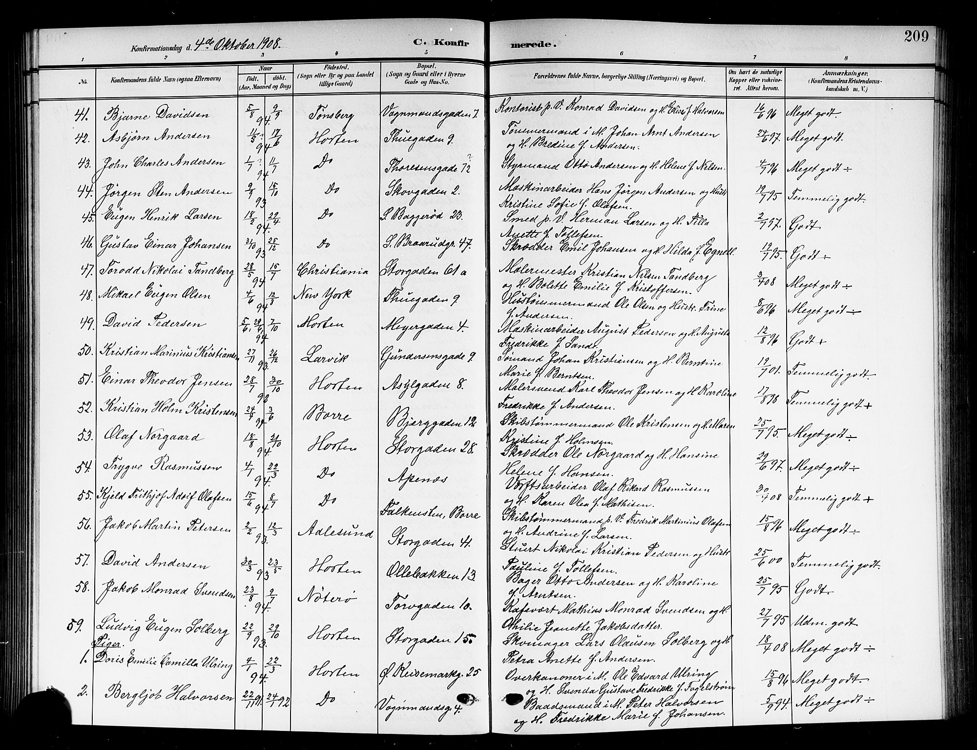 Horten kirkebøker, AV/SAKO-A-348/G/Ga/L0007: Parish register (copy) no. 7, 1905-1915, p. 209