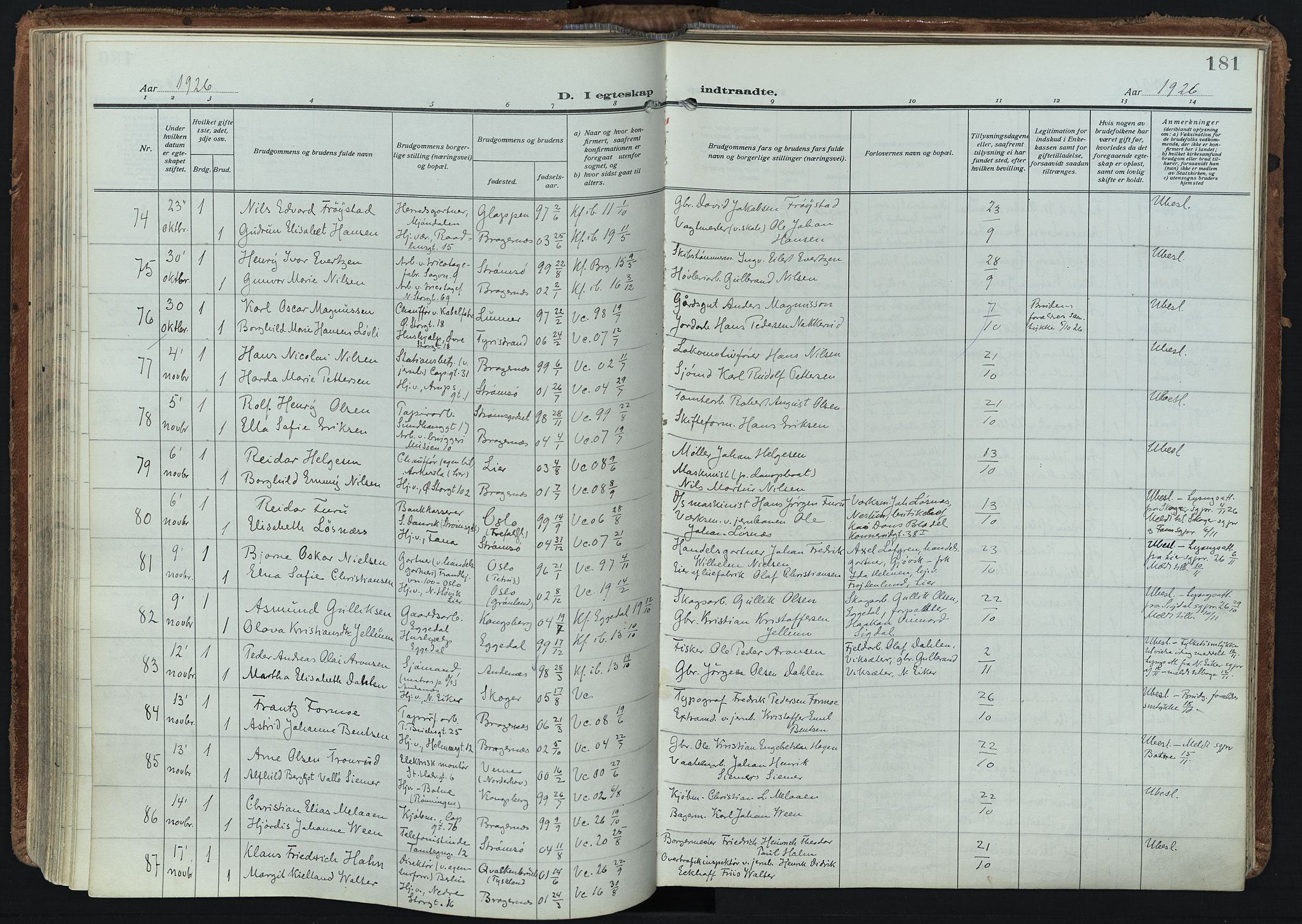 Bragernes kirkebøker, SAKO/A-6/F/Fc/L0009: Parish register (official) no. III 9, 1921-1939, p. 181