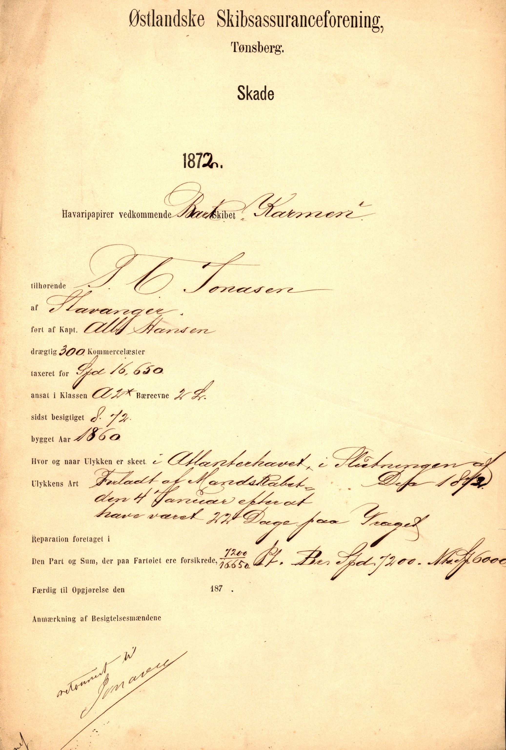 Pa 63 - Østlandske skibsassuranceforening, VEMU/A-1079/G/Ga/L0004/0001: Havaridokumenter / Karmen, 1872