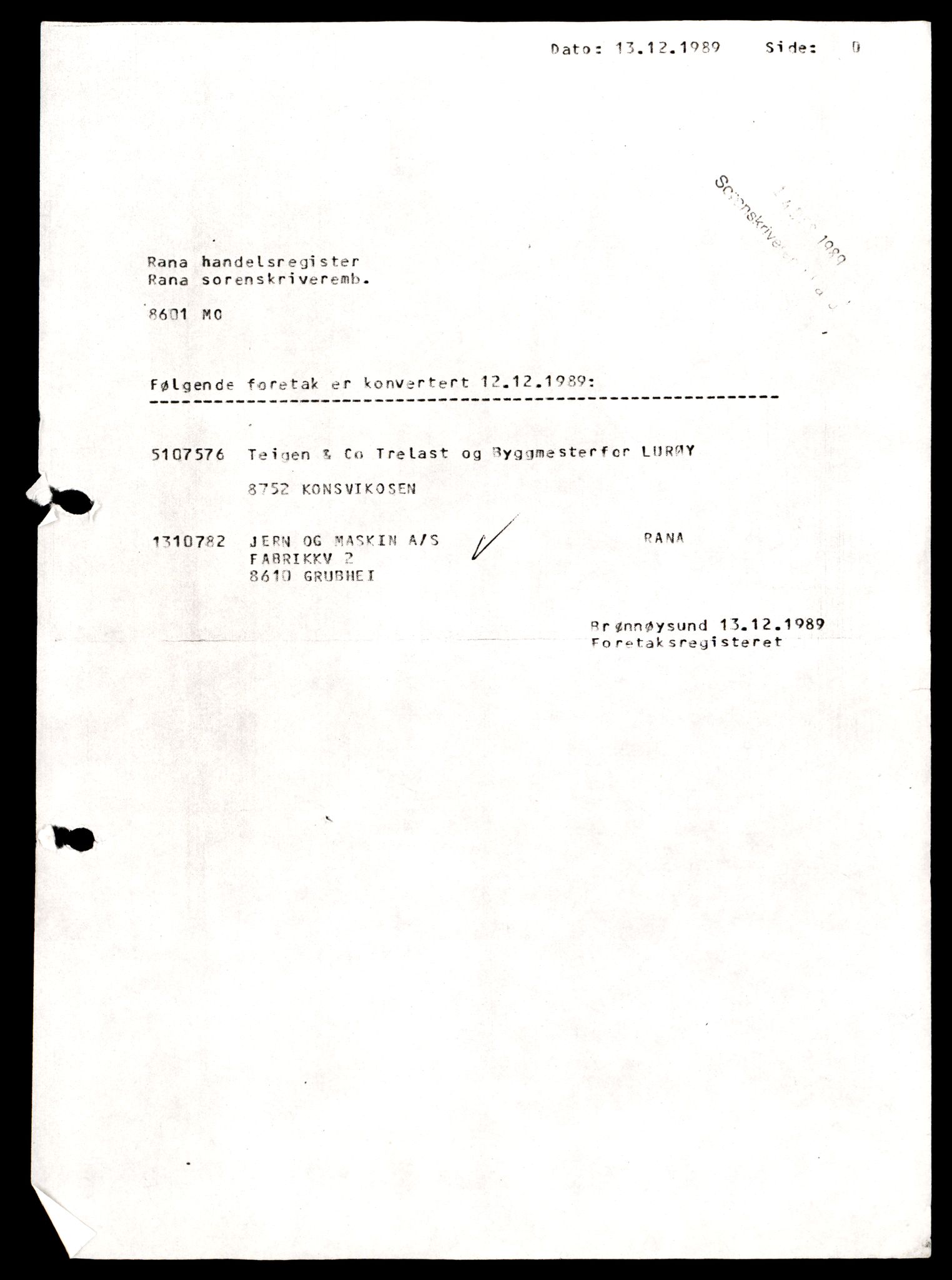 Rana sorenskriveri , SAT/A-1108/2/J/Jc/Jca/L0005: Aksjeselskap A - Å, 1988-1989, p. 1