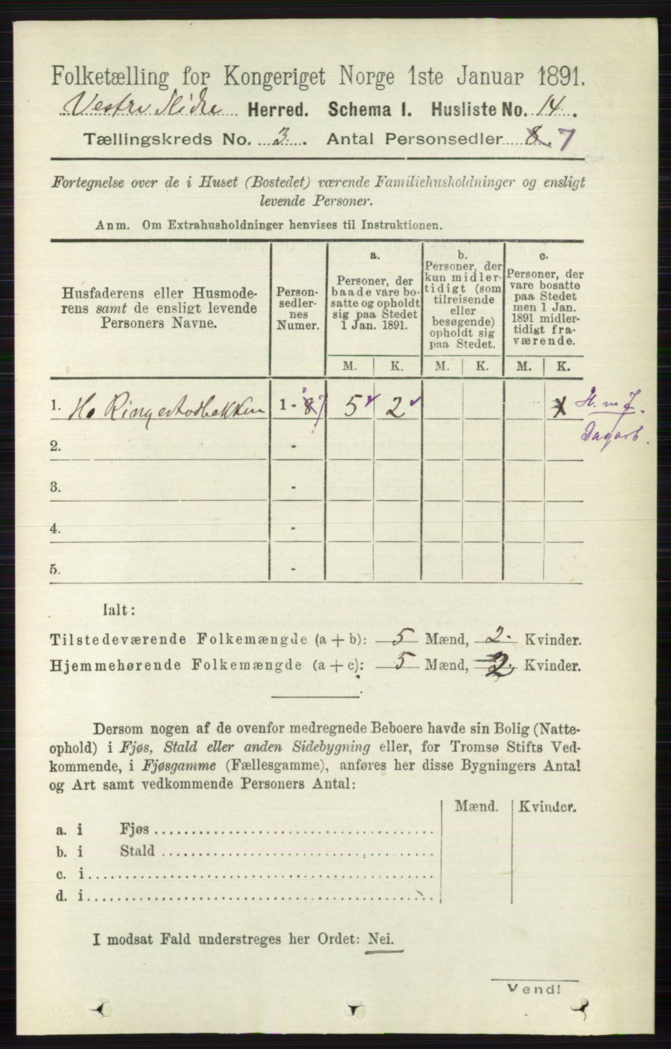 RA, 1891 census for 0543 Vestre Slidre, 1891, p. 777