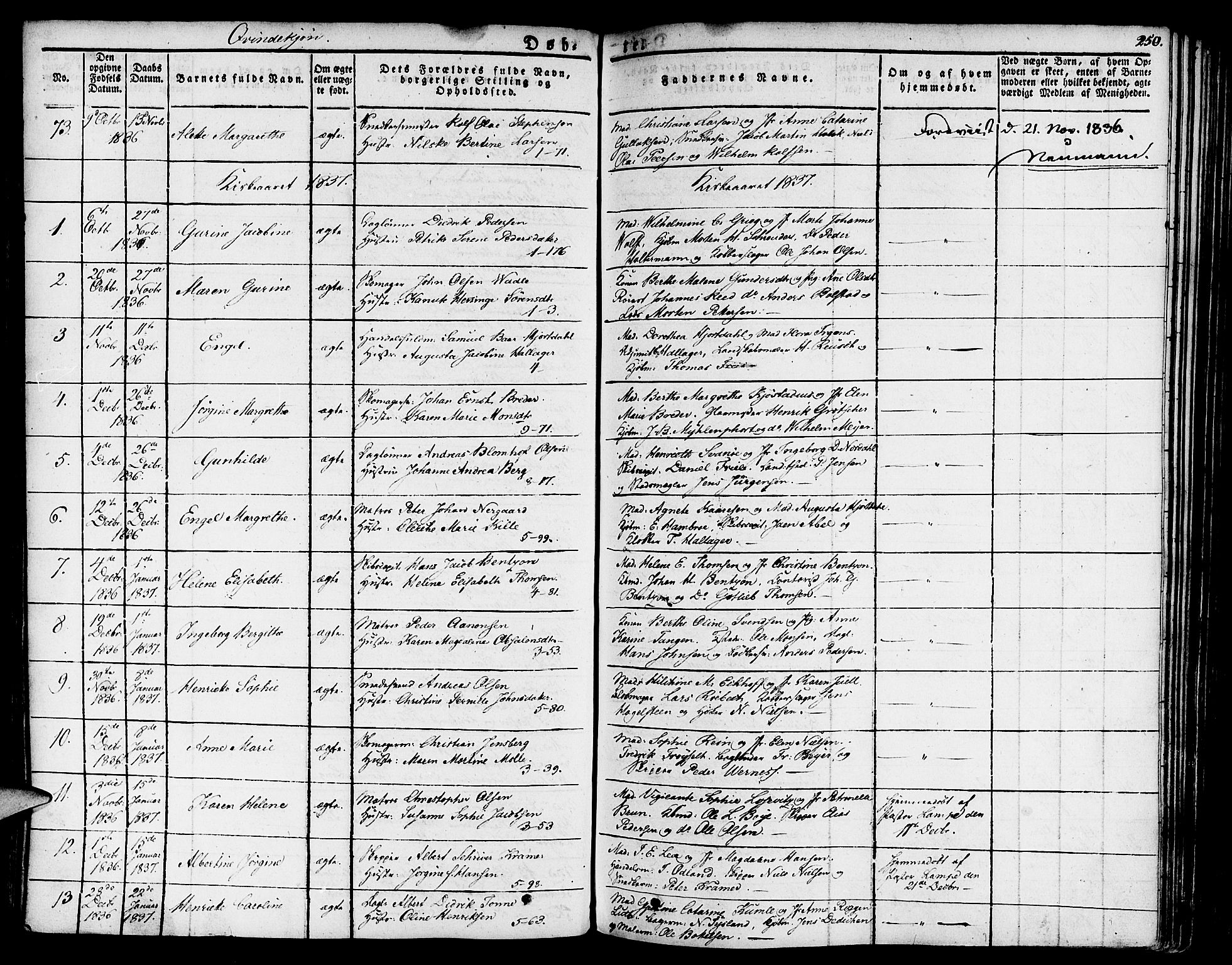 Nykirken Sokneprestembete, SAB/A-77101/H/Haa/L0012: Parish register (official) no. A 12, 1821-1844, p. 250