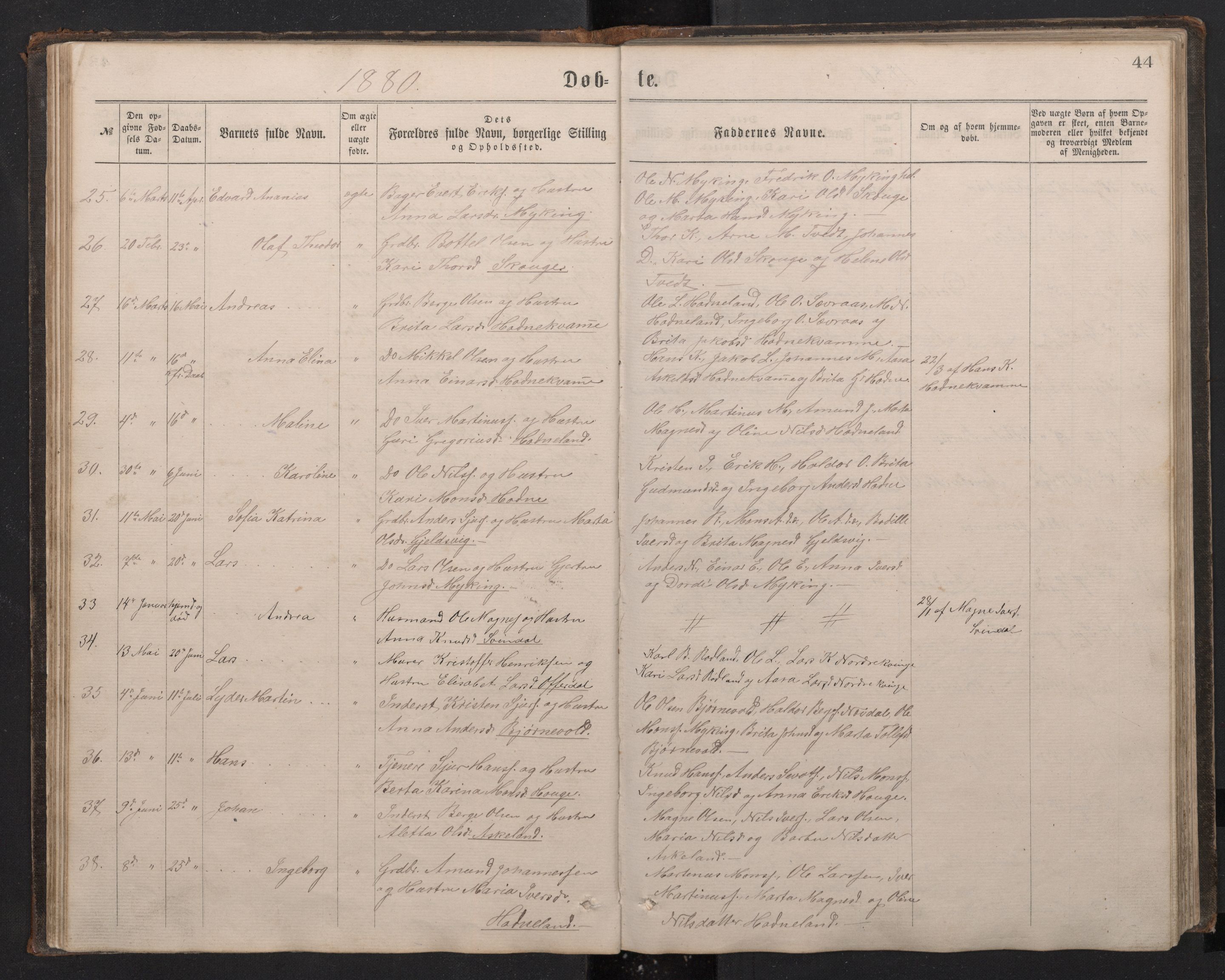 Lindås Sokneprestembete, SAB/A-76701/H/Hab: Parish register (copy) no. E 2, 1867-1892, p. 43b-44a