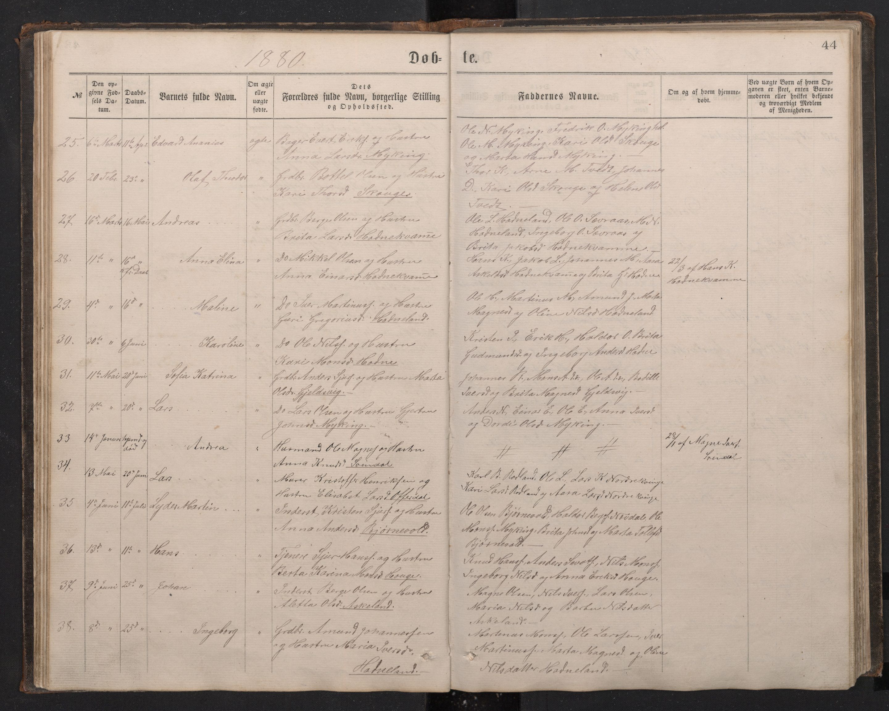 Lindås Sokneprestembete, AV/SAB-A-76701/H/Hab/Habe/L0002: Parish register (copy) no. E 2, 1867-1892, p. 43b-44a