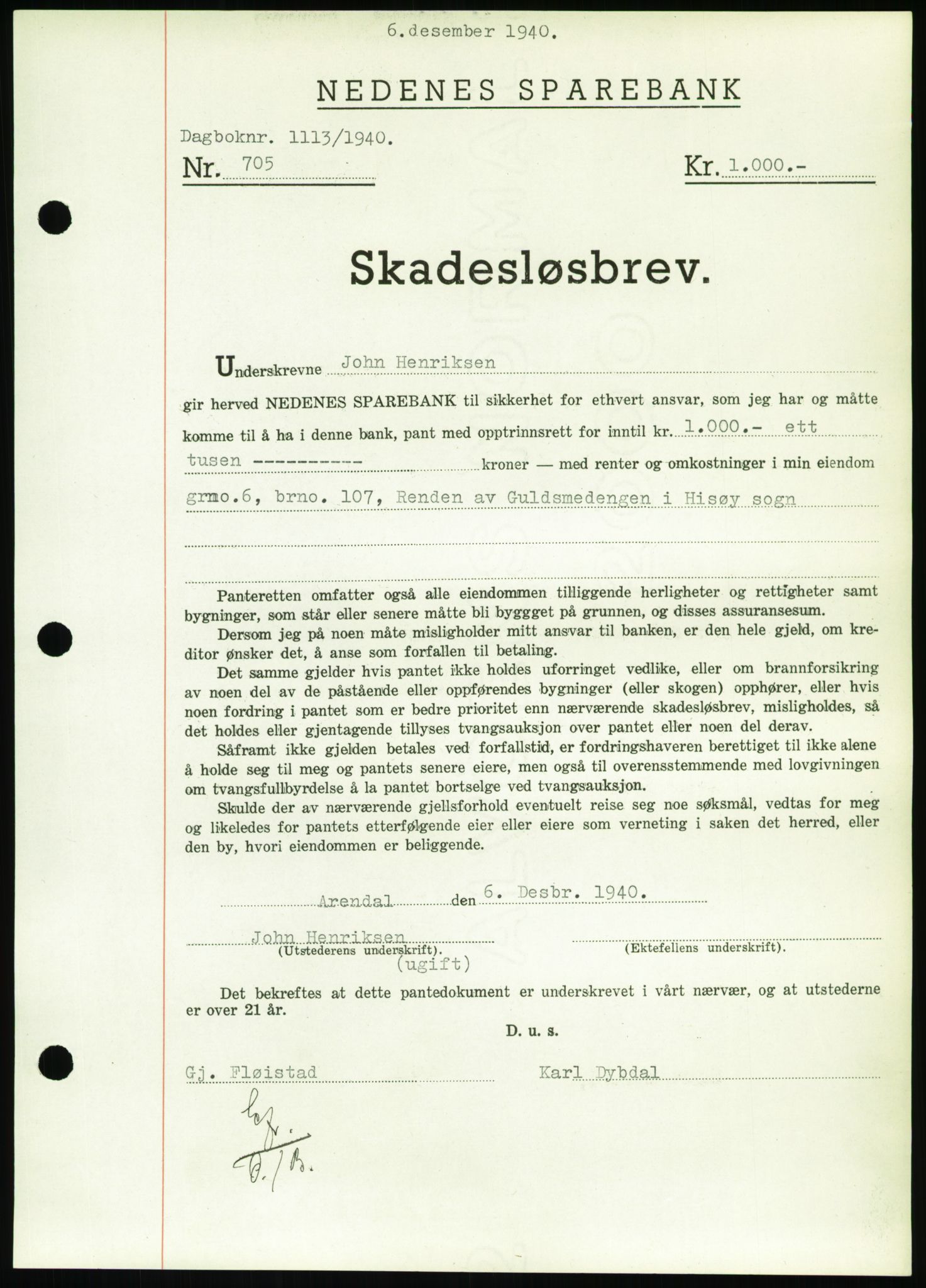 Nedenes sorenskriveri, AV/SAK-1221-0006/G/Gb/Gbb/L0001: Mortgage book no. I, 1939-1942, Diary no: : 1113/1940