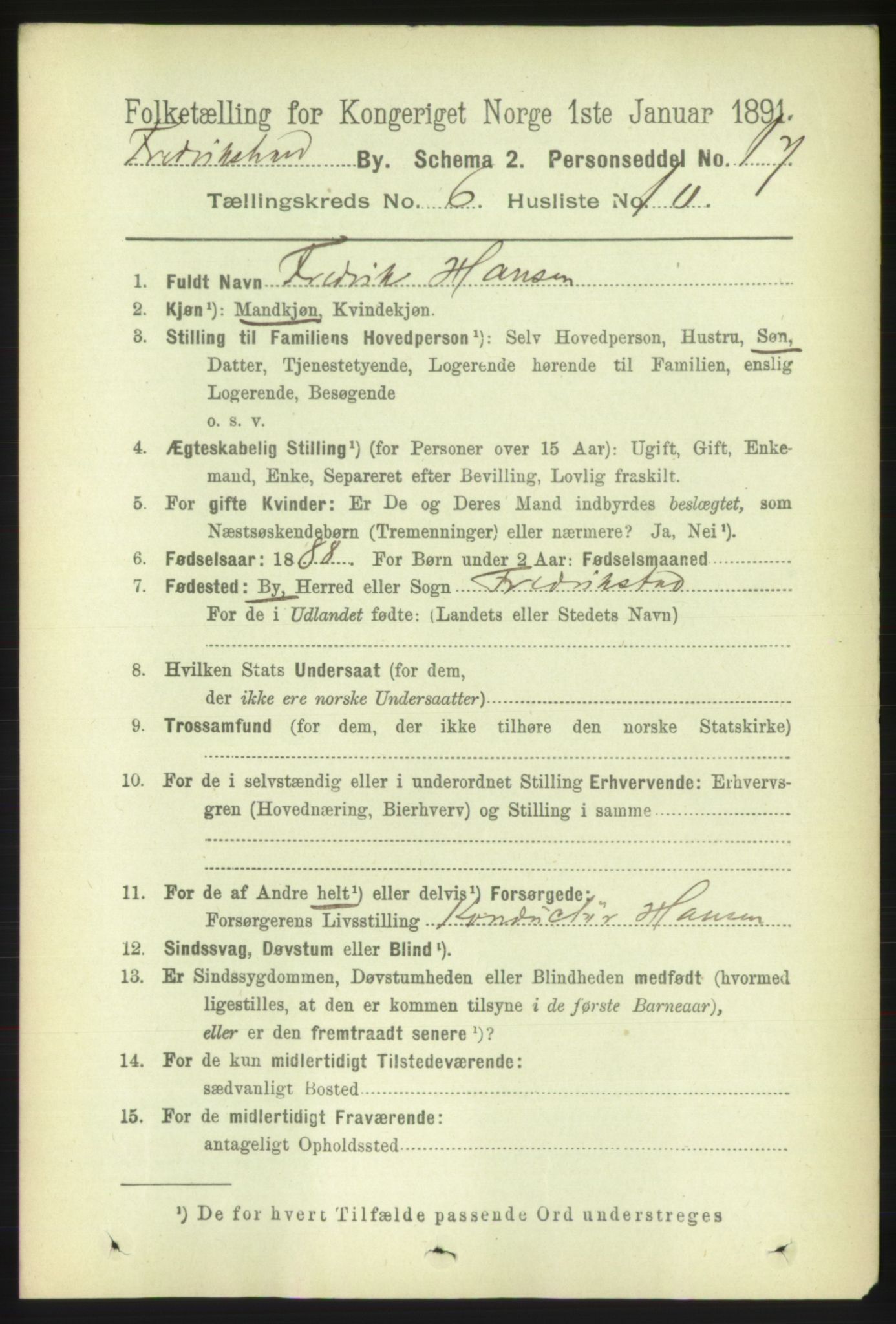 RA, 1891 census for 0101 Fredrikshald, 1891, p. 4652