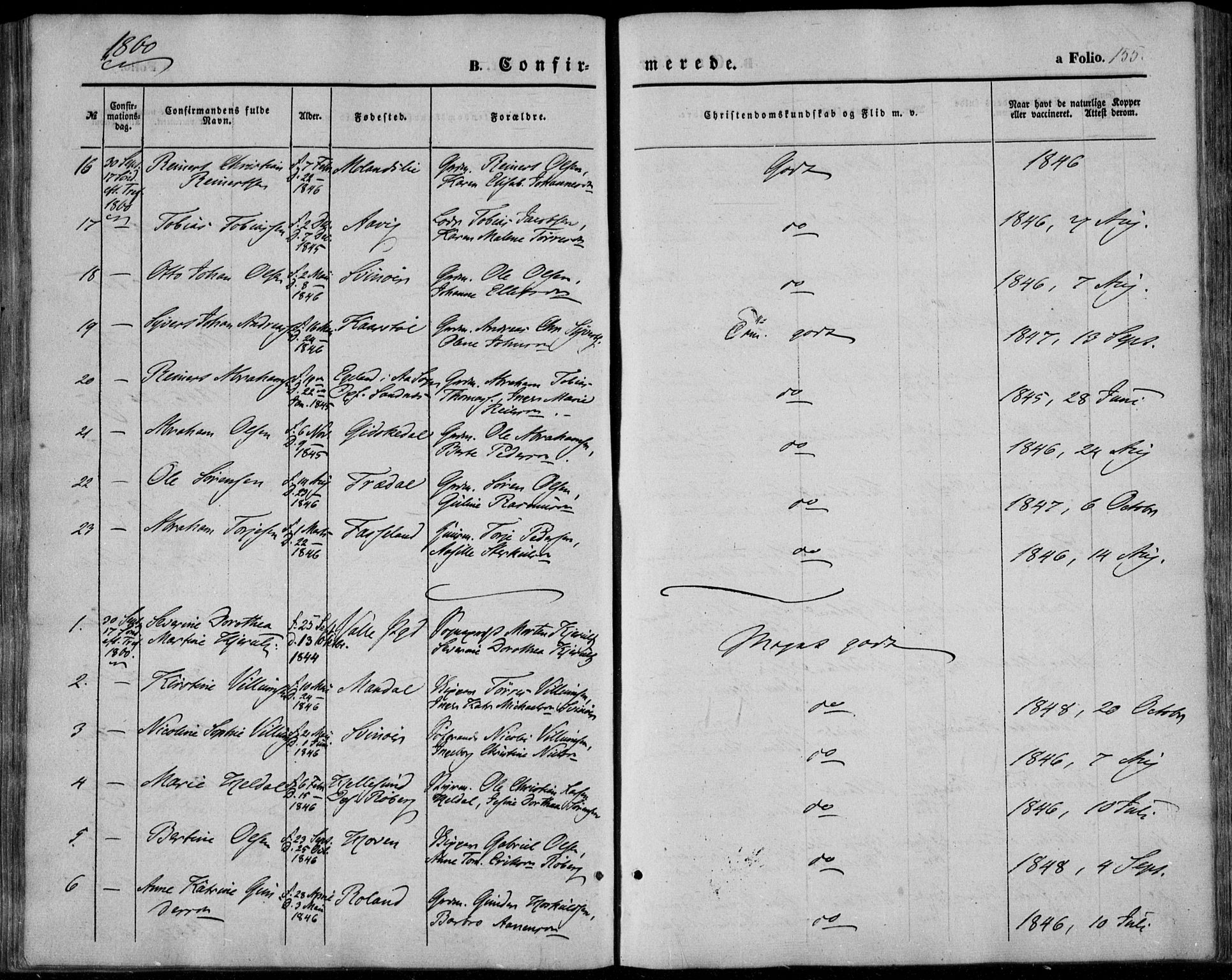 Sør-Audnedal sokneprestkontor, AV/SAK-1111-0039/F/Fa/Fab/L0007: Parish register (official) no. A 7, 1855-1876, p. 155