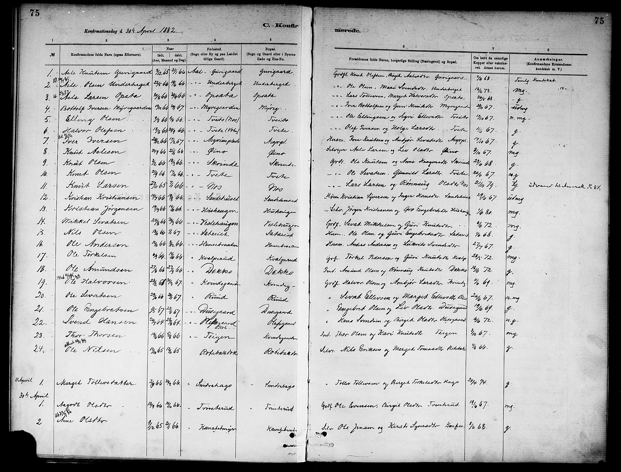 Ål kirkebøker, SAKO/A-249/F/Fa/L0008: Parish register (official) no. I 8, 1882-1896, p. 75