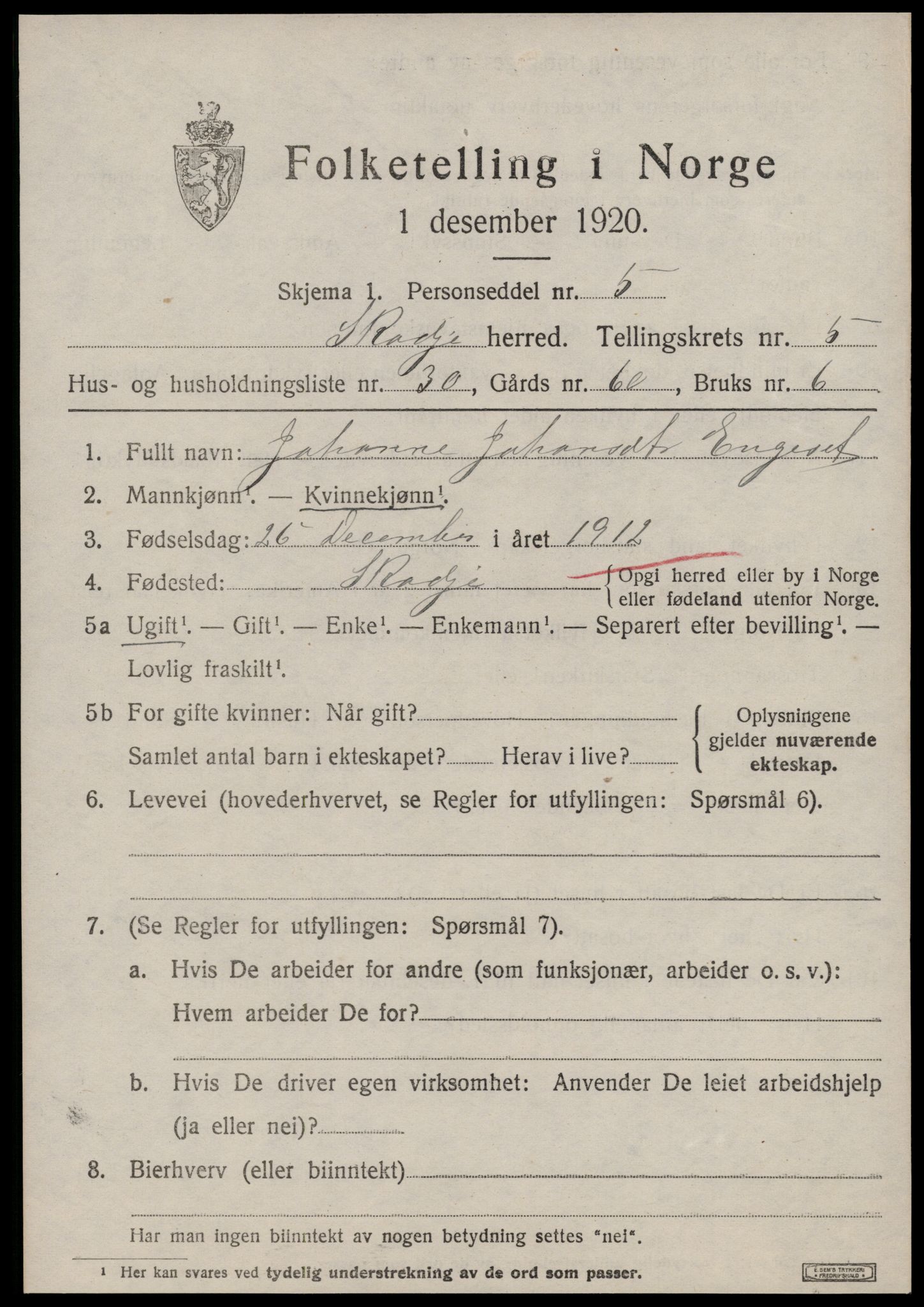 SAT, 1920 census for Skodje, 1920, p. 2613