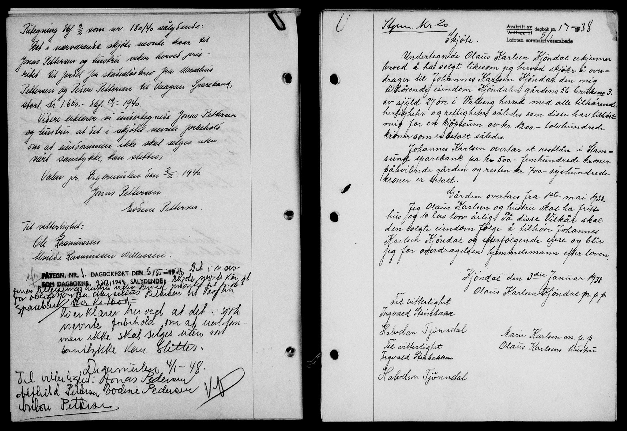 Lofoten sorenskriveri, SAT/A-0017/1/2/2C/L0003a: Mortgage book no. 3a, 1937-1938, Diary no: : 17/1938