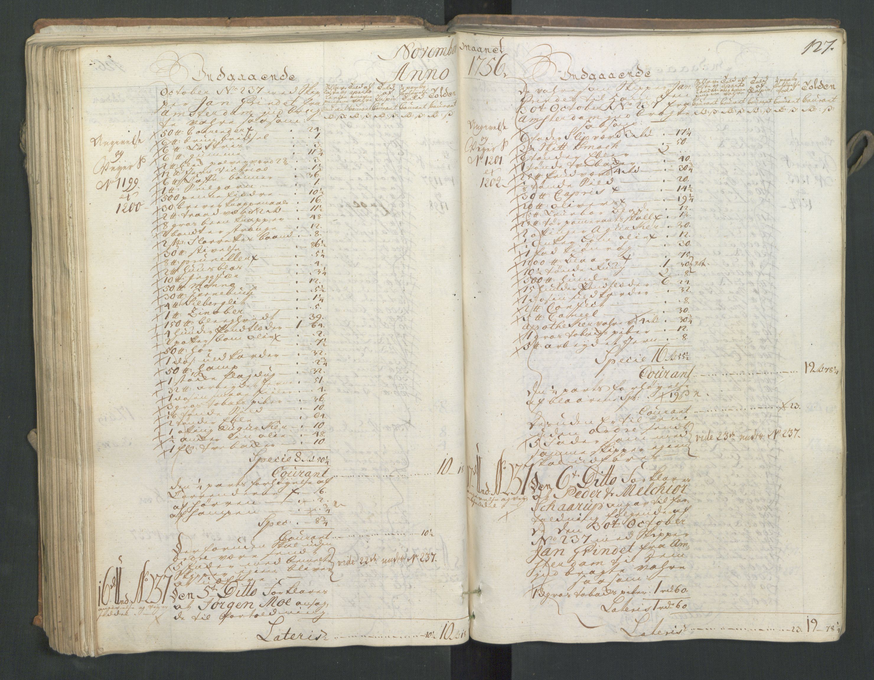Generaltollkammeret, tollregnskaper, AV/RA-EA-5490/R16/L0033/0001: Tollregnskaper Kristiansand / Inngående hovedtollbok, 1756, p. 126b-127a