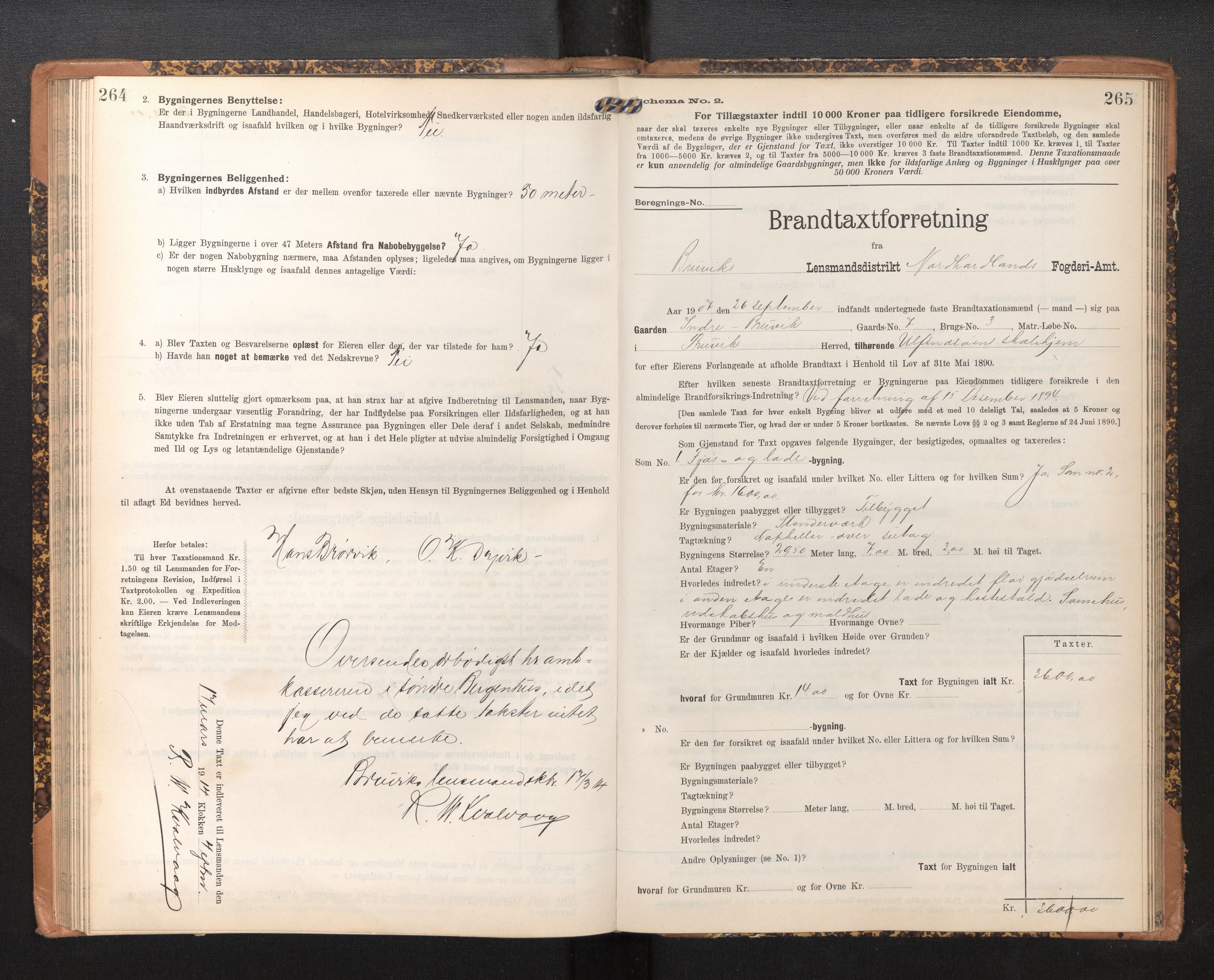 Lensmannen i Bruvik, SAB/A-31301/0012/L0007: Branntakstprotokoll, skjematakst, 1906-1918, p. 264-265