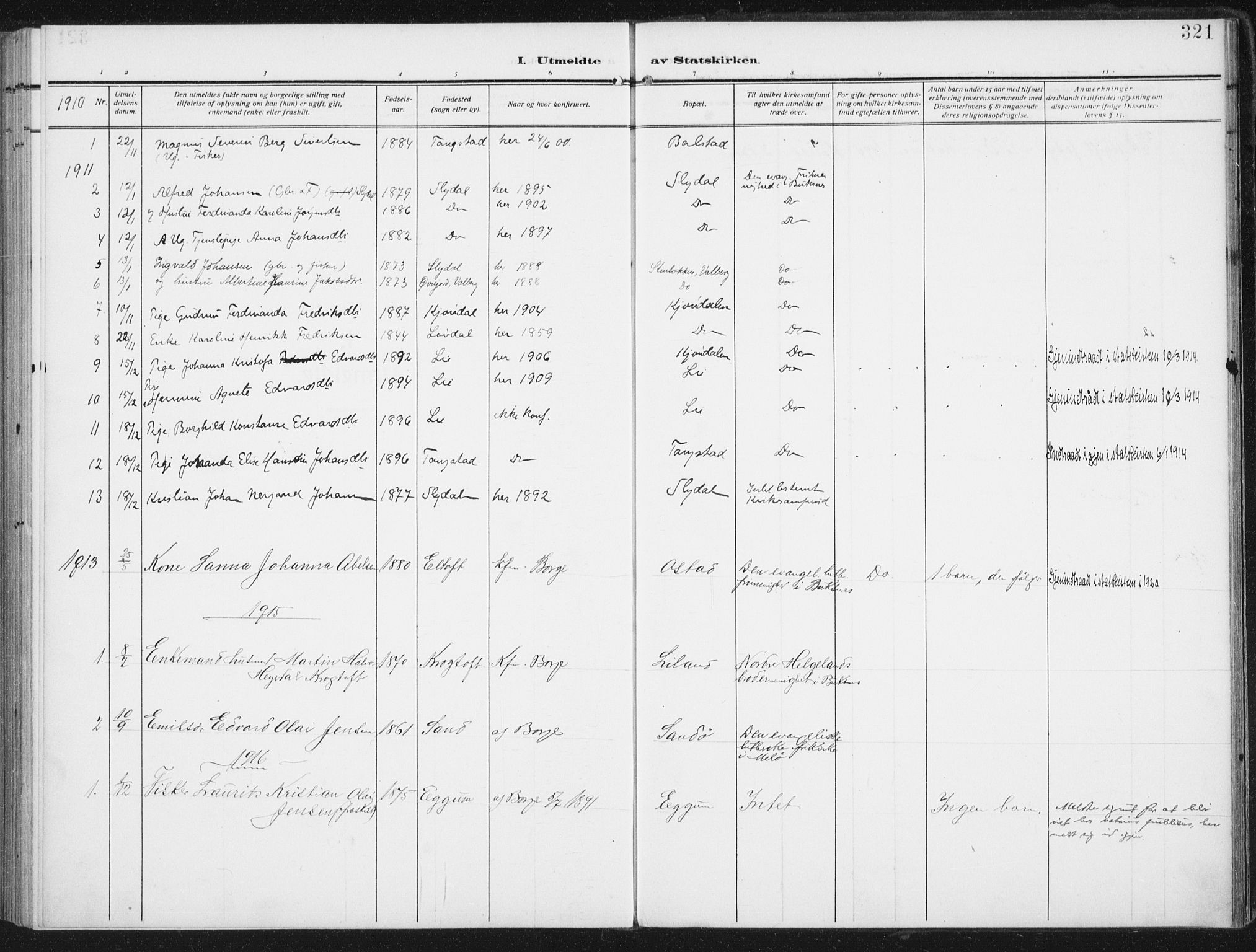 Ministerialprotokoller, klokkerbøker og fødselsregistre - Nordland, AV/SAT-A-1459/880/L1135: Parish register (official) no. 880A09, 1908-1919, p. 321