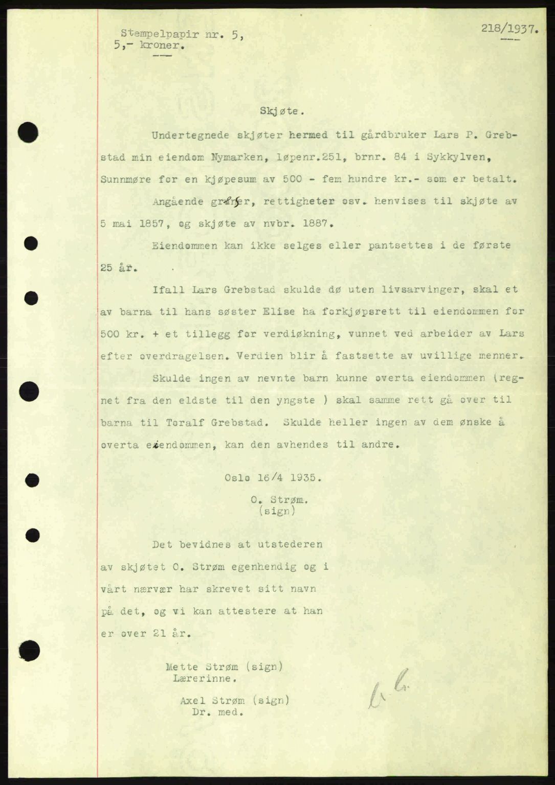 Nordre Sunnmøre sorenskriveri, AV/SAT-A-0006/1/2/2C/2Ca: Mortgage book no. A2, 1936-1937, Diary no: : 218/1937