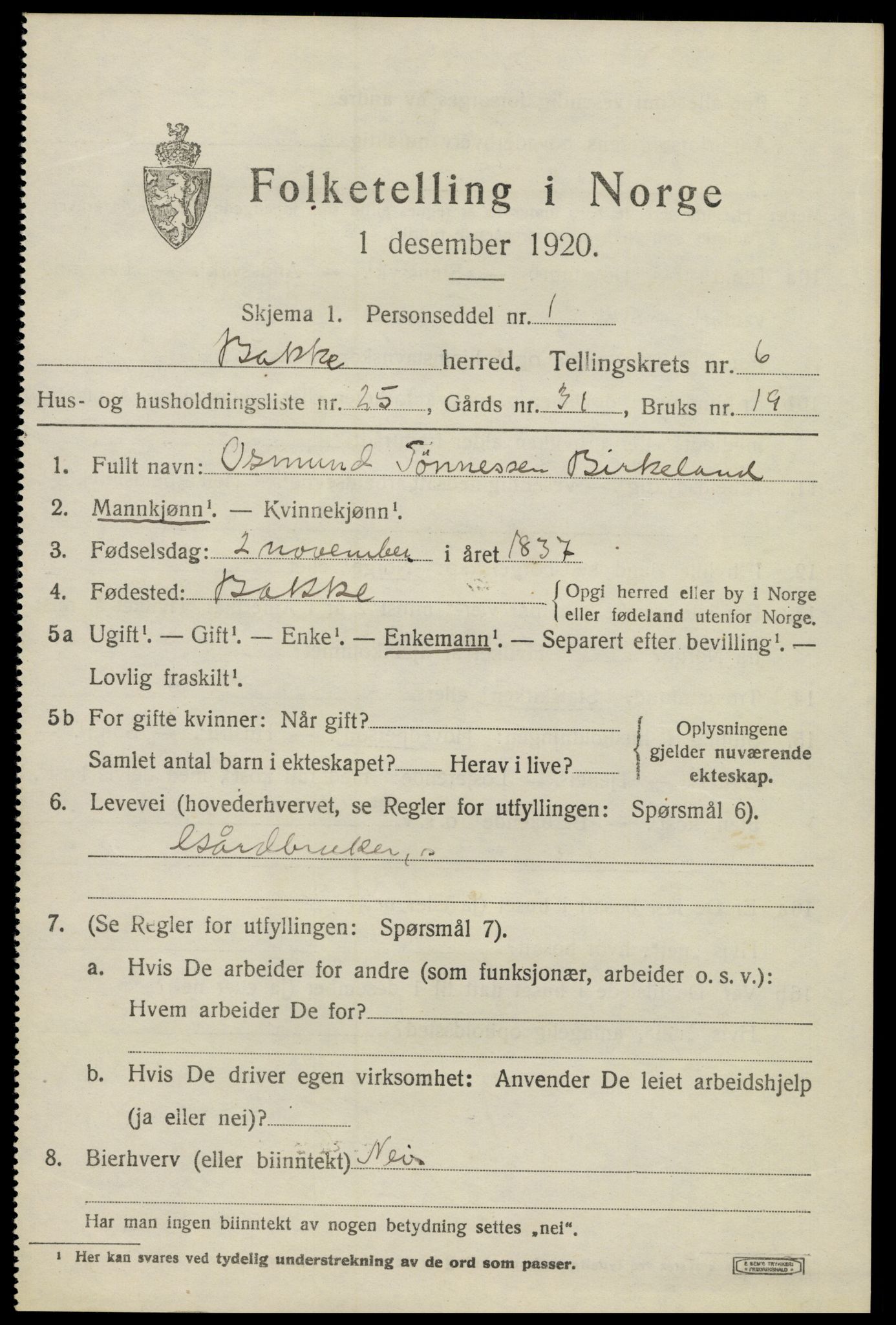 SAK, 1920 census for Bakke, 1920, p. 2100