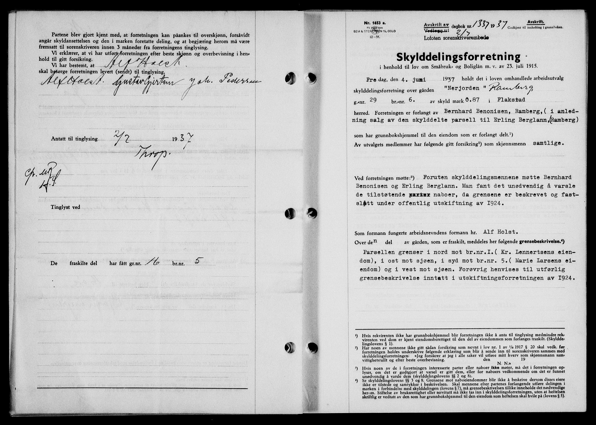 Lofoten sorenskriveri, SAT/A-0017/1/2/2C/L0002a: Mortgage book no. 2a, 1937-1937, Diary no: : 1337/1937