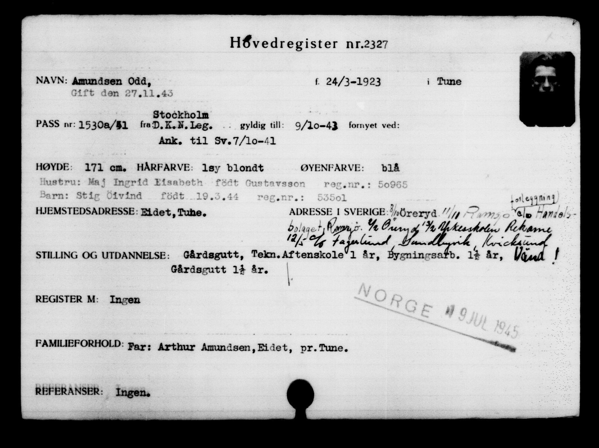 Utenriksstasjonene, Legasjonen i Stockholm, Flyktningkontoret, AV/RA-S-6753/V/Va/L0003: Kjesäterkartoteket, flyktninger med registreringsnr. 2001-3495, 1940-1945, p. 461