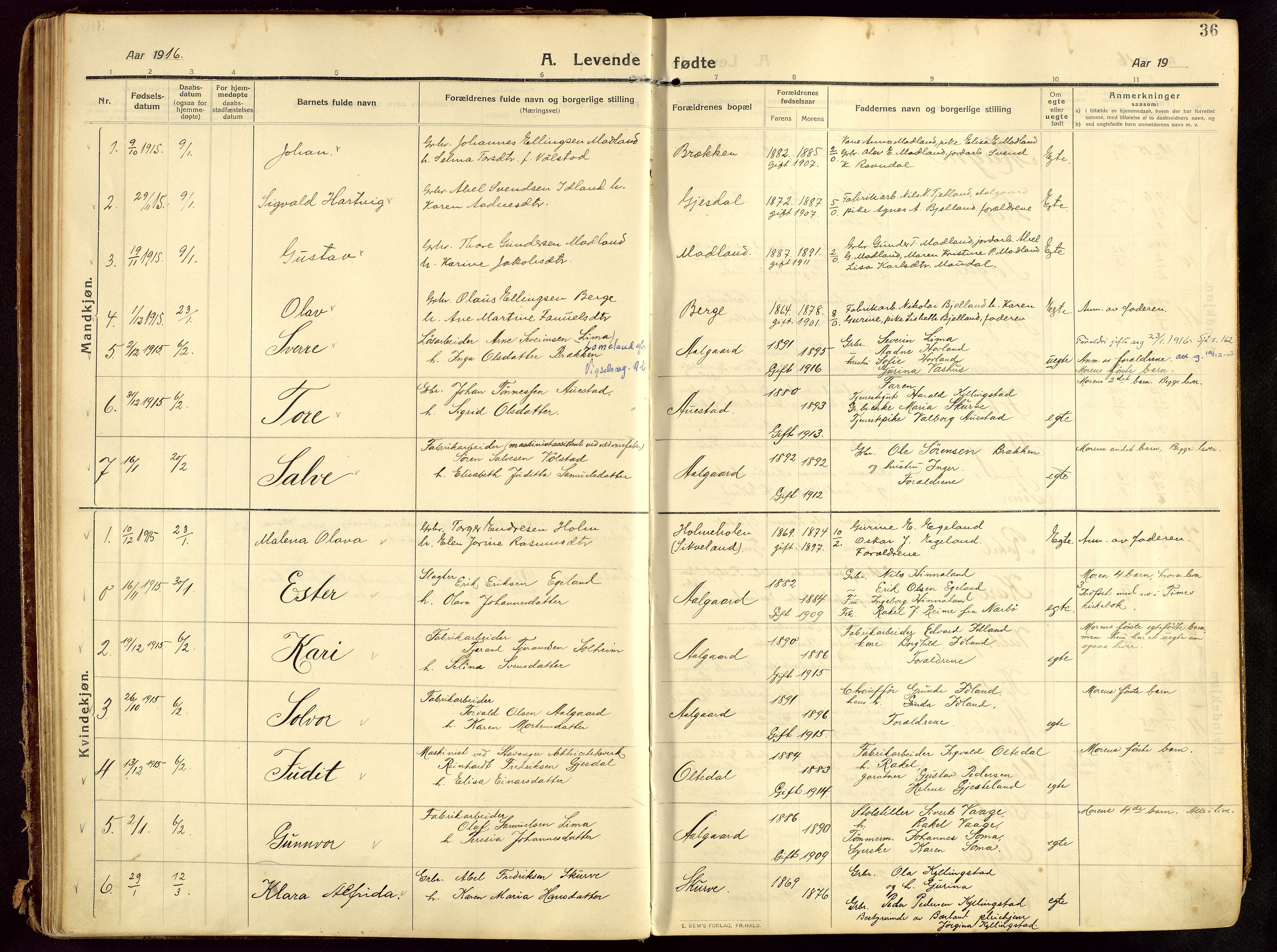 Lye sokneprestkontor, AV/SAST-A-101794/002/B/L0001: Parish register (official) no. A 13, 1910-1925, p. 36