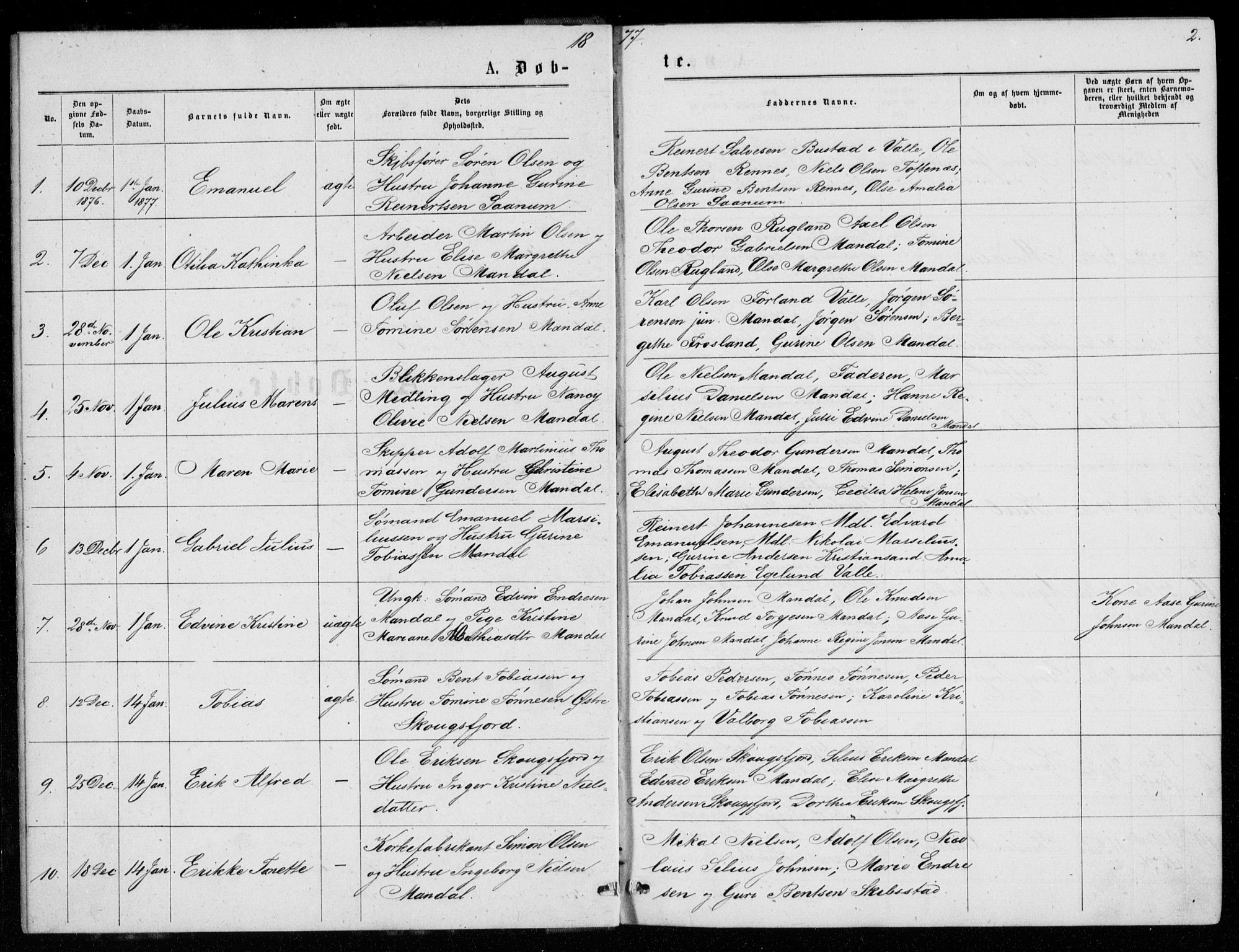 Mandal sokneprestkontor, SAK/1111-0030/F/Fb/Fba/L0010: Parish register (copy) no. B 4, 1876-1880, p. 2