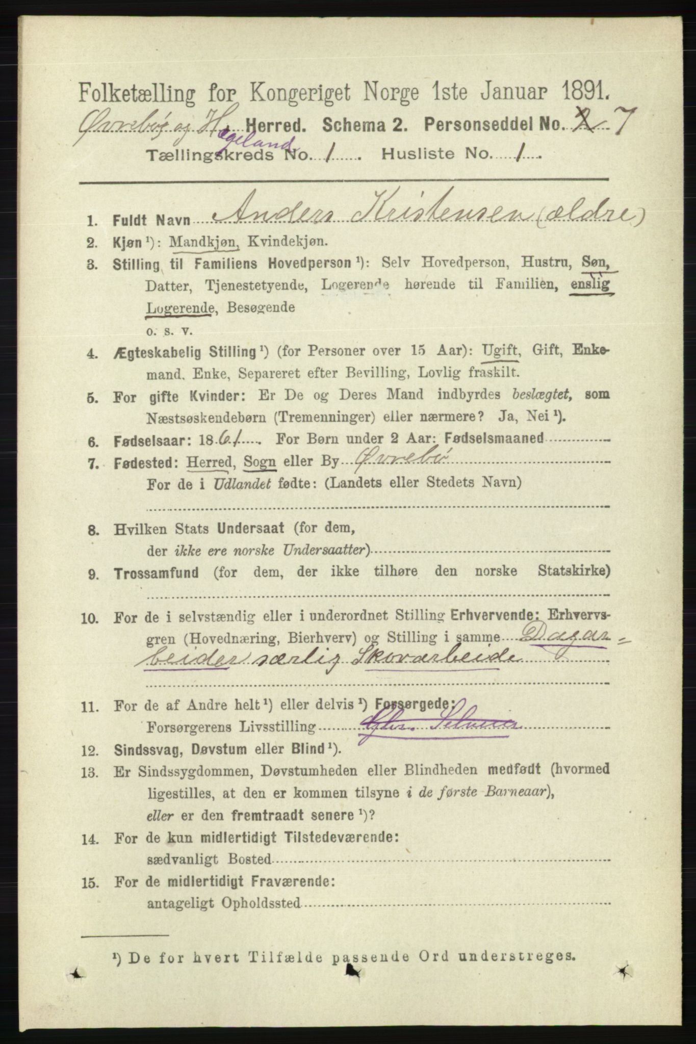 RA, 1891 census for 1016 Øvrebø og Hægeland, 1891, p. 74