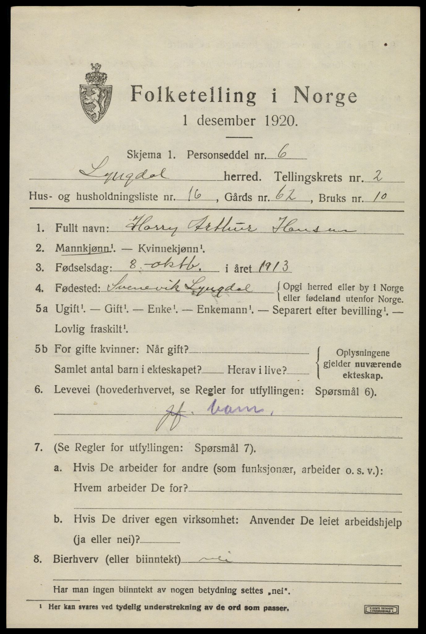 SAK, 1920 census for Lyngdal, 1920, p. 1729