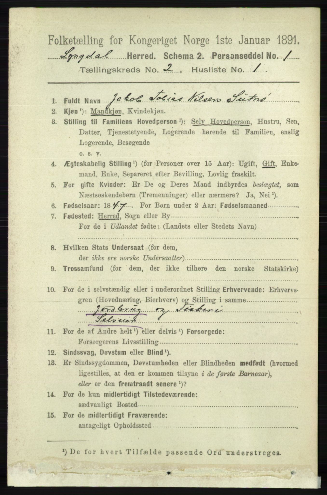 RA, 1891 census for 1032 Lyngdal, 1891, p. 546