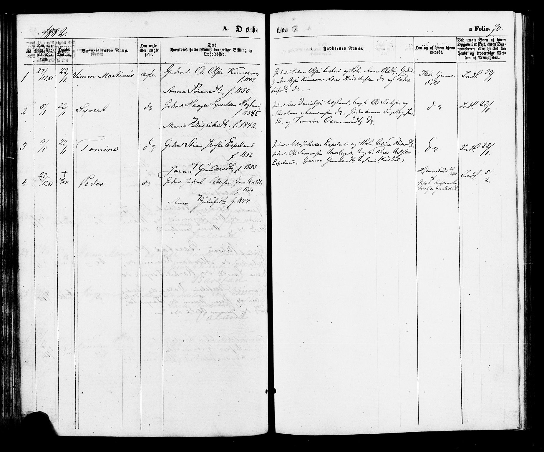 Nord-Audnedal sokneprestkontor, AV/SAK-1111-0032/F/Fa/Faa/L0002: Parish register (official) no. A 2, 1857-1882, p. 70