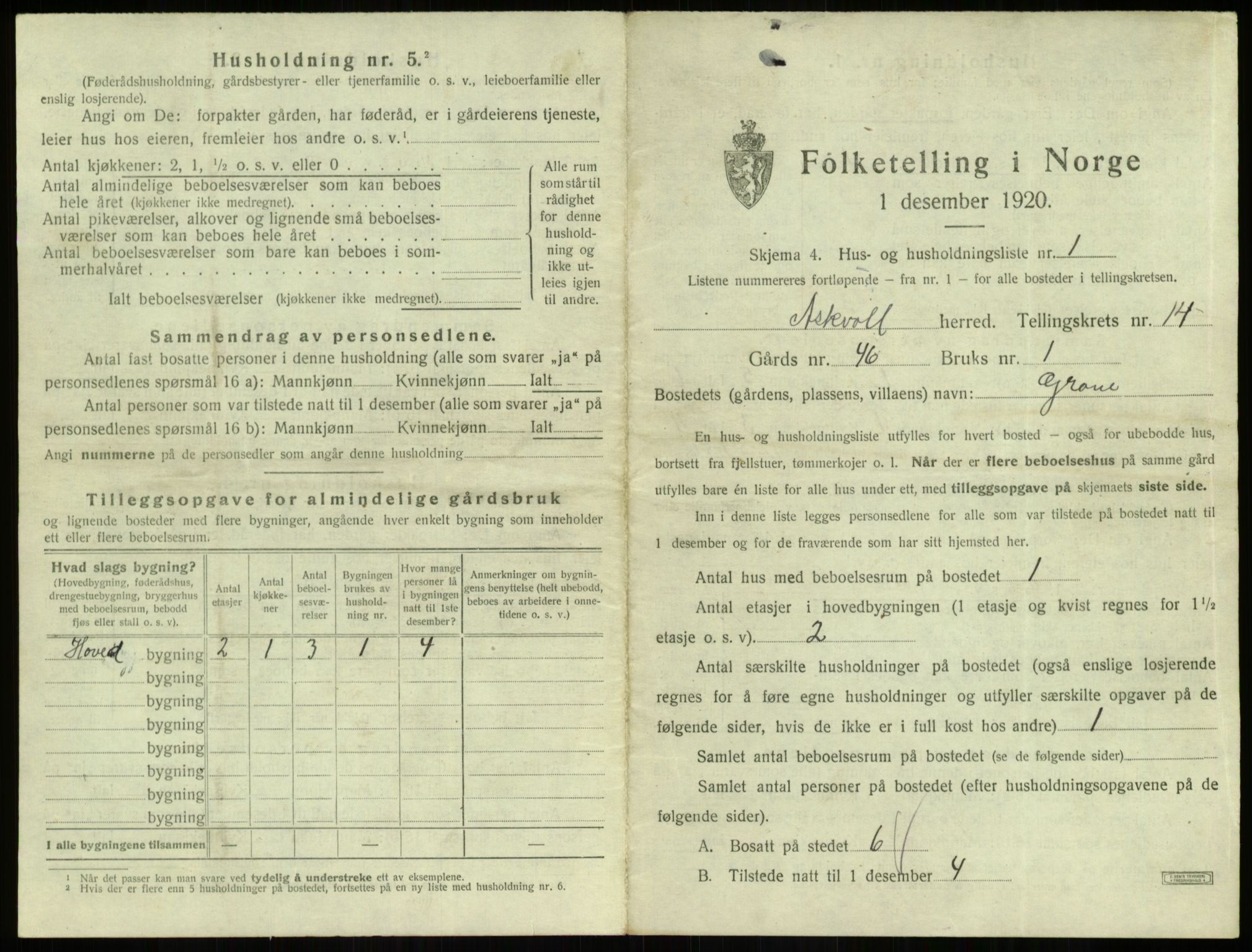 SAB, 1920 census for Askvoll, 1920, p. 722