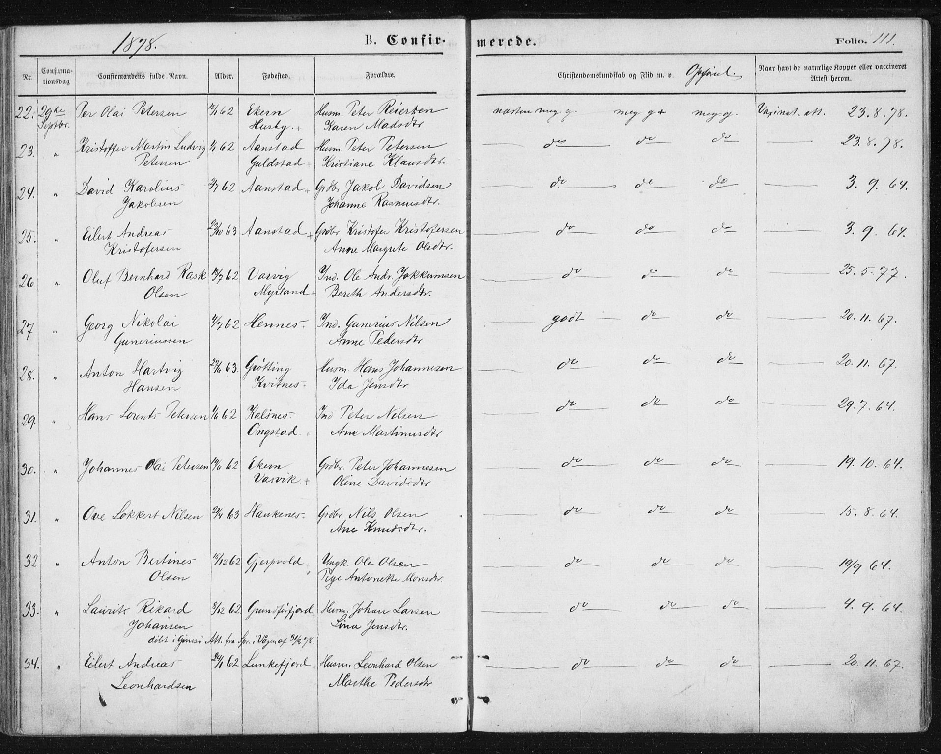 Ministerialprotokoller, klokkerbøker og fødselsregistre - Nordland, AV/SAT-A-1459/888/L1243: Parish register (official) no. 888A09, 1876-1879, p. 111