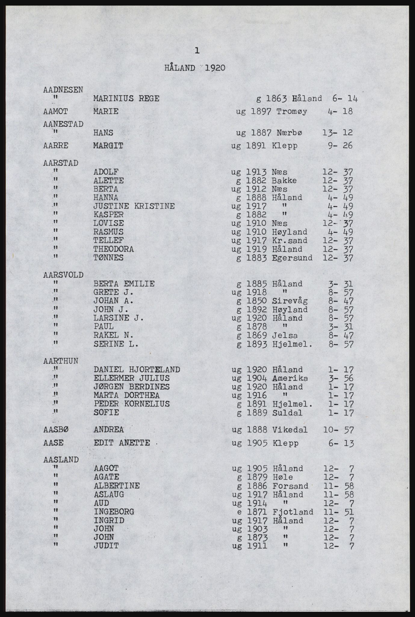 SAST, Copy of 1920 census for Håland, 1920, p. 135