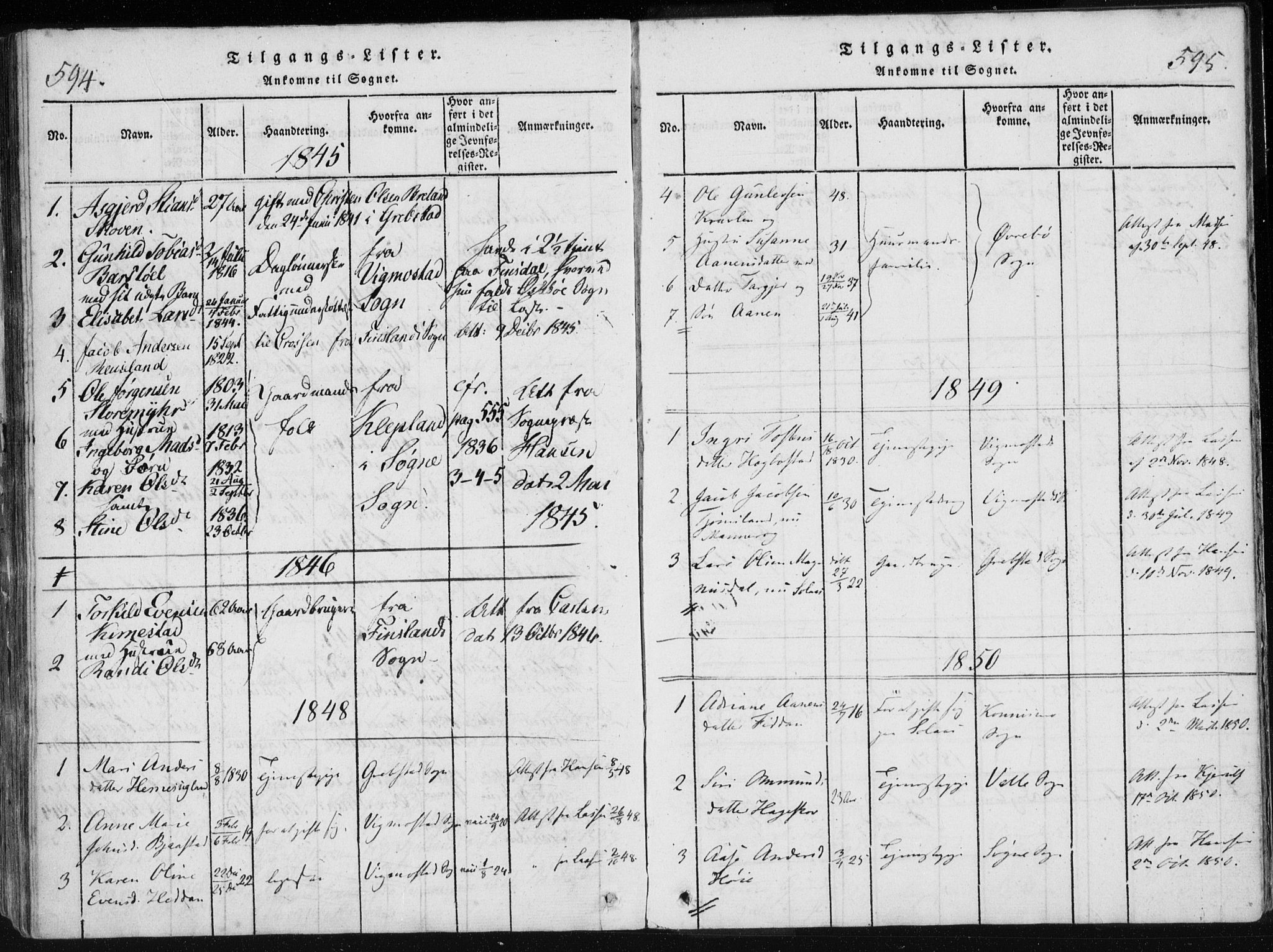 Holum sokneprestkontor, SAK/1111-0022/F/Fa/Fac/L0002: Parish register (official) no. A 2, 1821-1859, p. 594-595