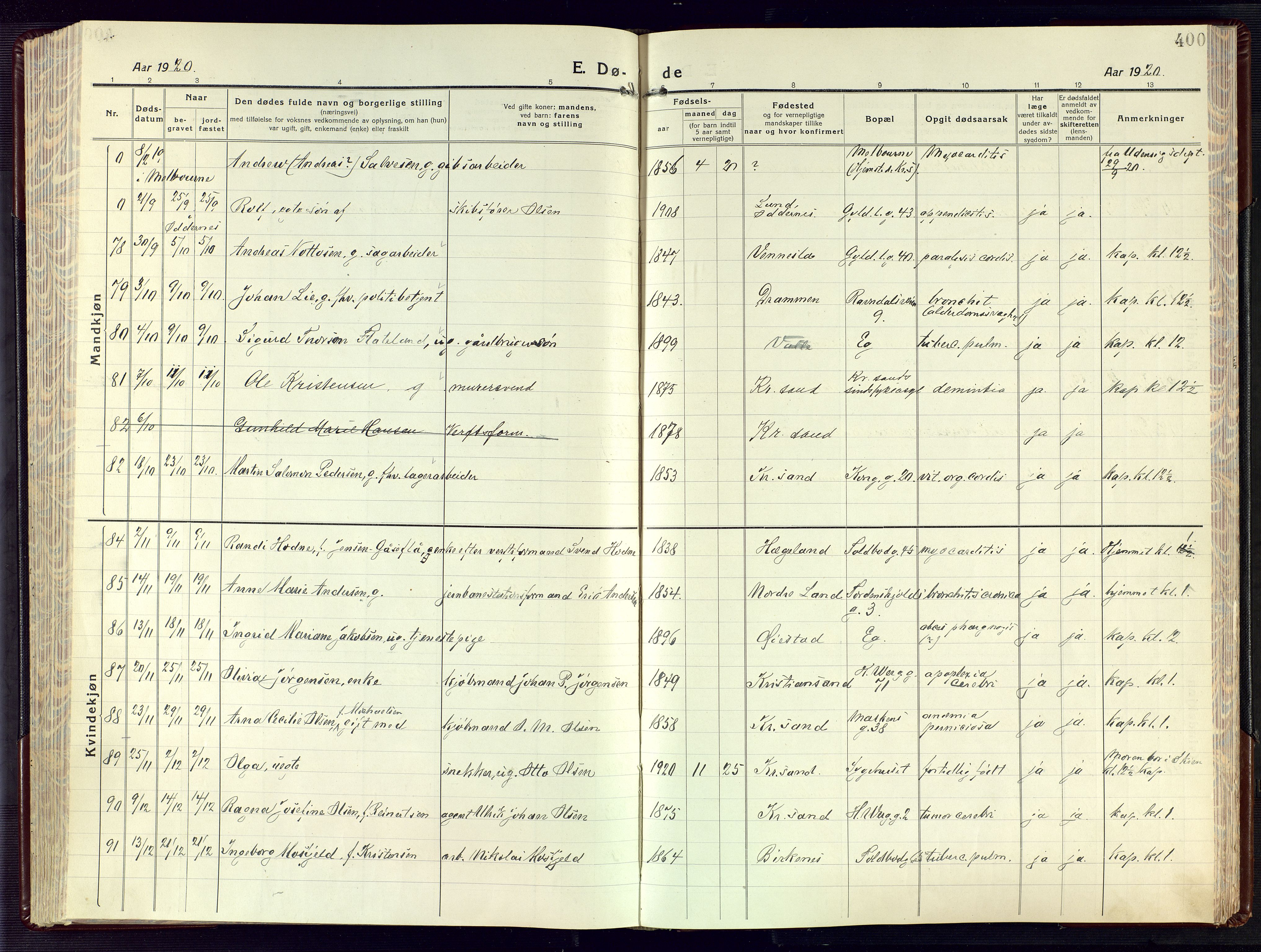 Kristiansand domprosti, AV/SAK-1112-0006/F/Fa/L0028: Parish register (official) no. A 27, 1917-1926, p. 400