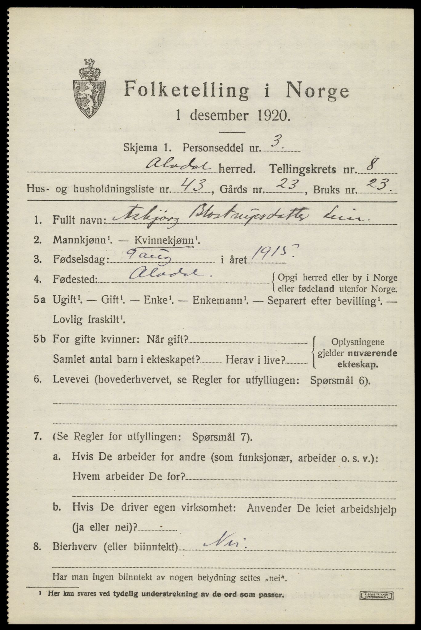 SAH, 1920 census for Alvdal, 1920, p. 4892