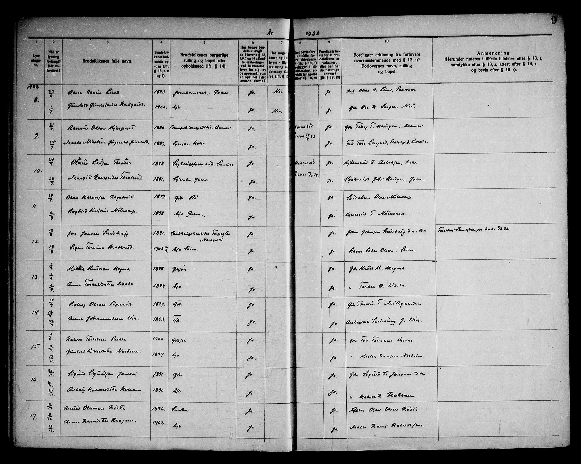 Sauherad kirkebøker, AV/SAKO-A-298/H/Ha/L0001: Banns register no. 1, 1919-1960, p. 9