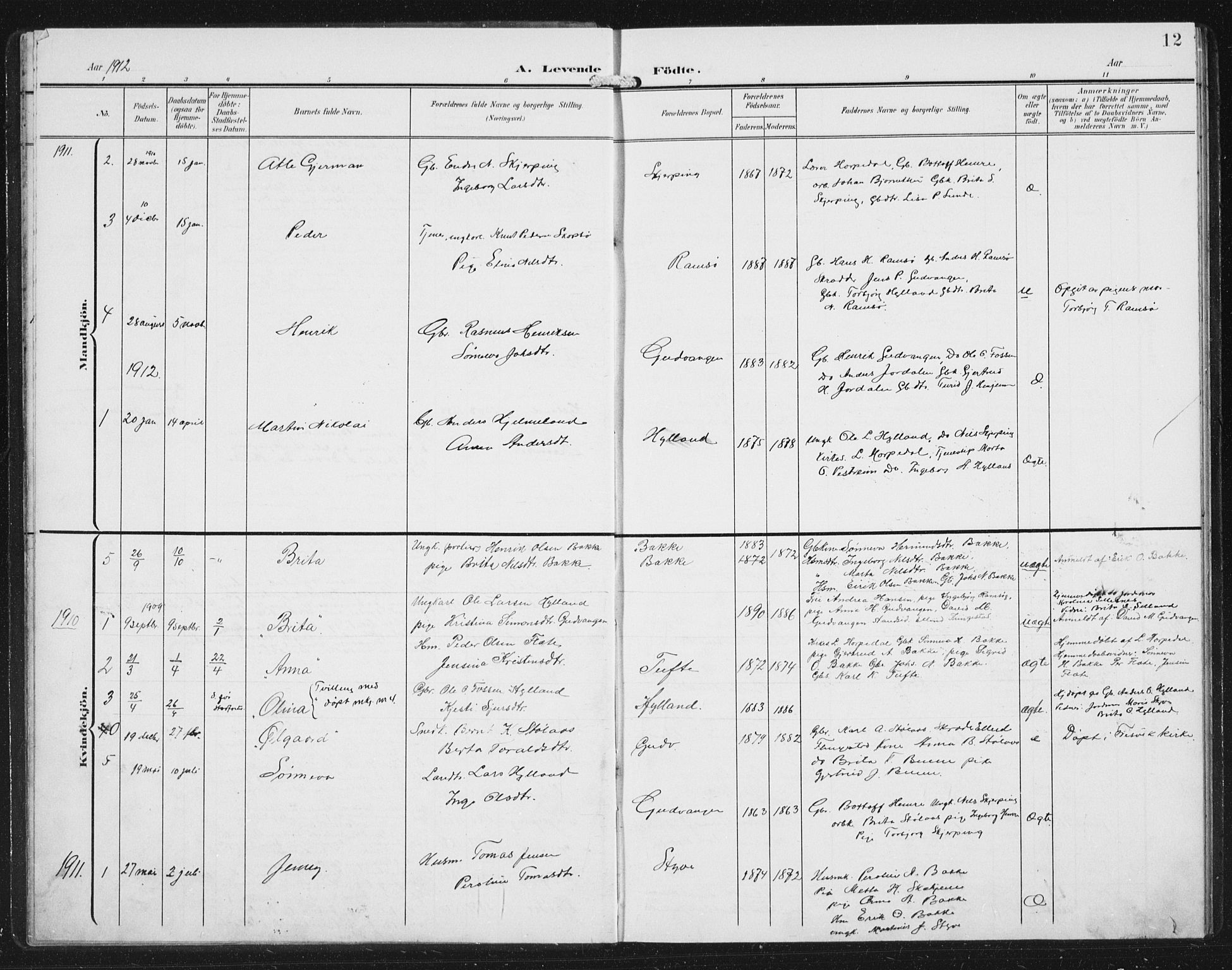 Aurland sokneprestembete, SAB/A-99937/H/Hb/Hbc/L0003: Parish register (copy) no. C 3, 1901-1933, p. 12