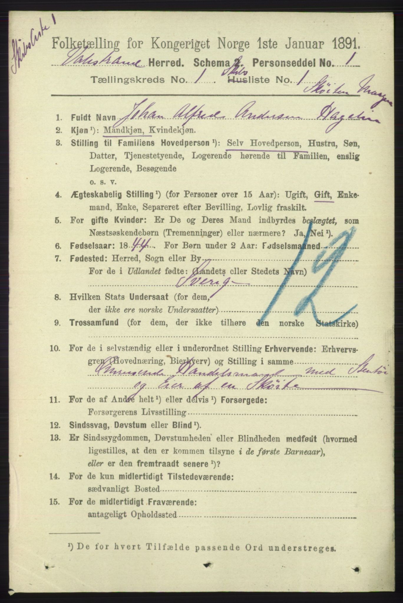 RA, 1891 census for 1217 Valestrand, 1891, p. 56