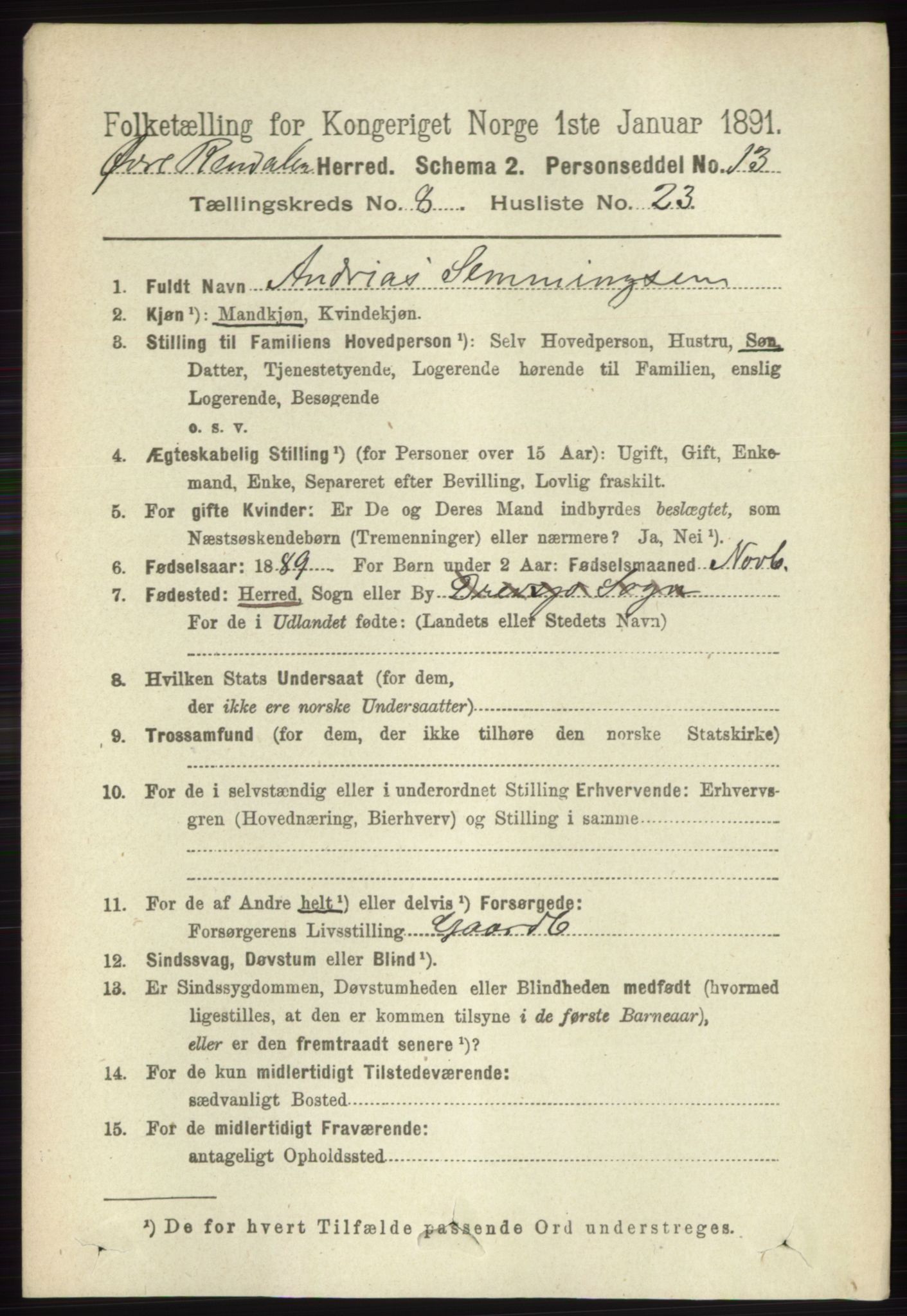 RA, 1891 census for 0433 Øvre Rendal, 1891, p. 2163