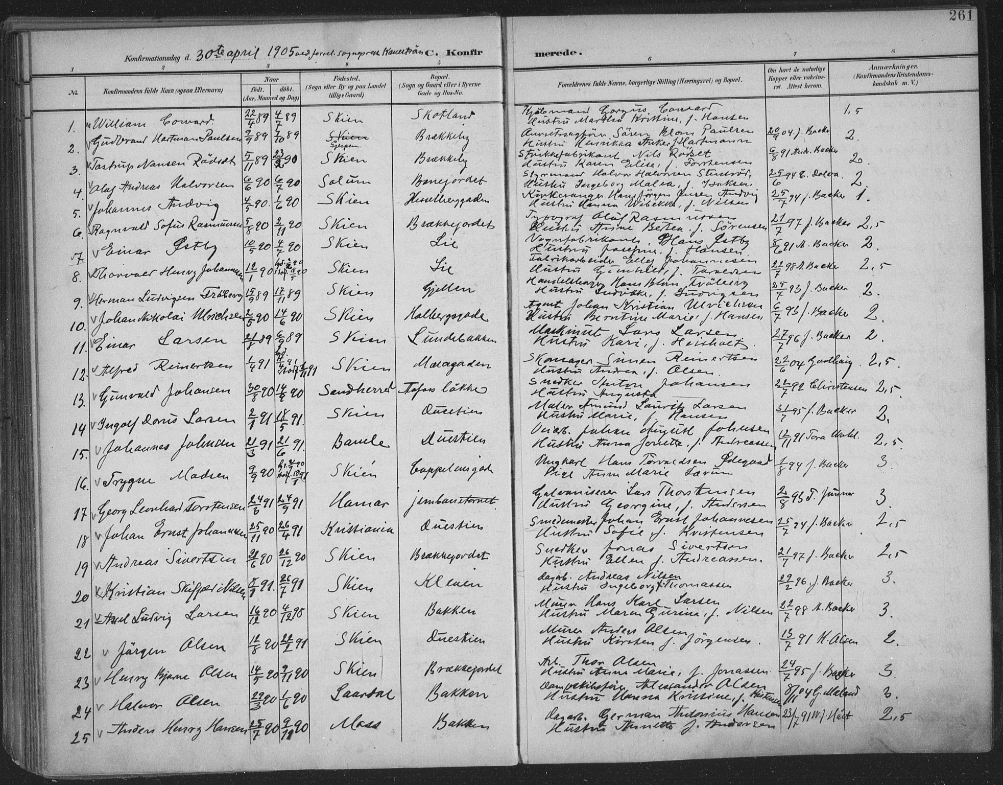 Skien kirkebøker, SAKO/A-302/F/Fa/L0011: Parish register (official) no. 11, 1900-1907, p. 261