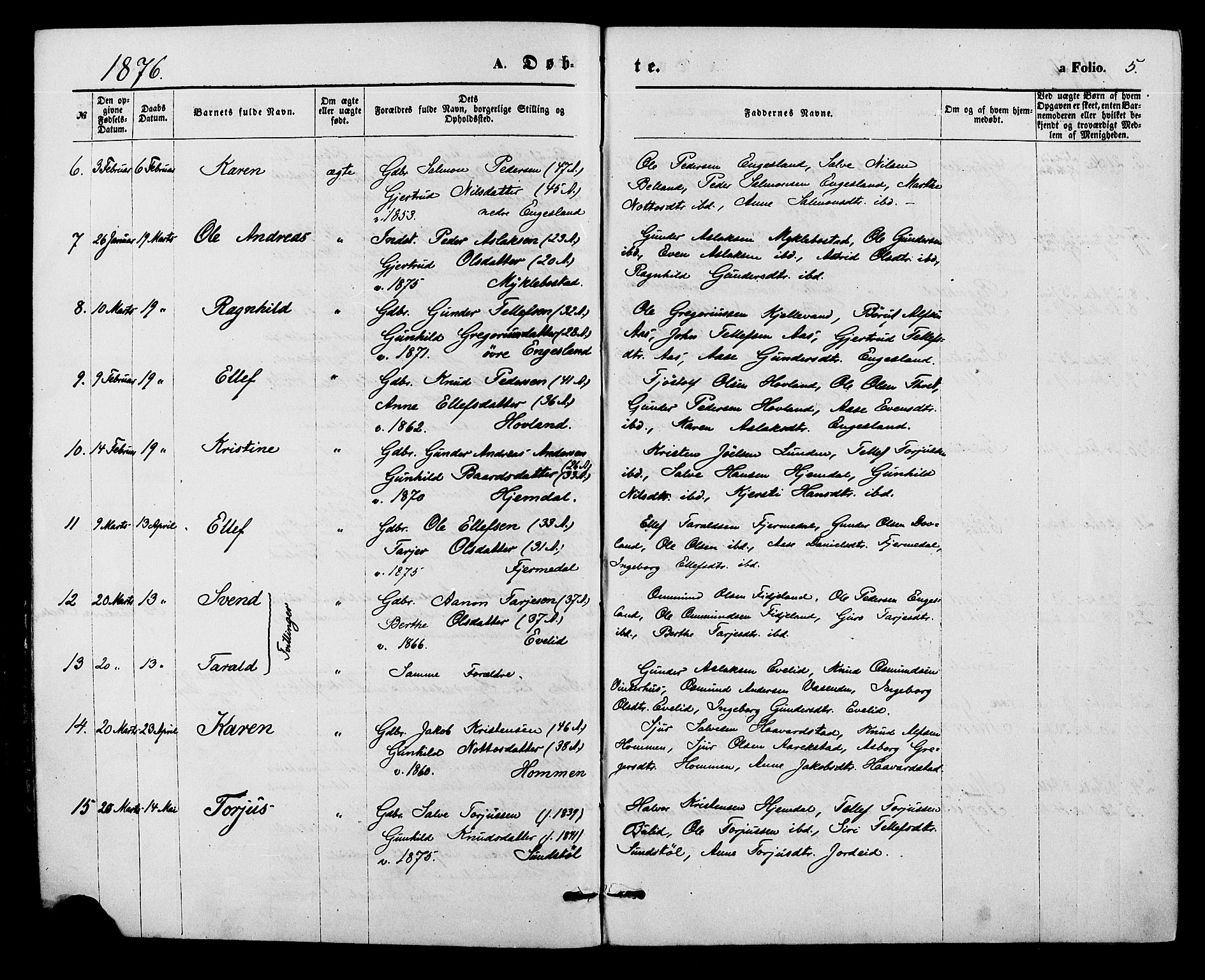Herefoss sokneprestkontor, SAK/1111-0019/F/Fa/Fab/L0003: Parish register (official) no. A 3, 1875-1886, p. 5