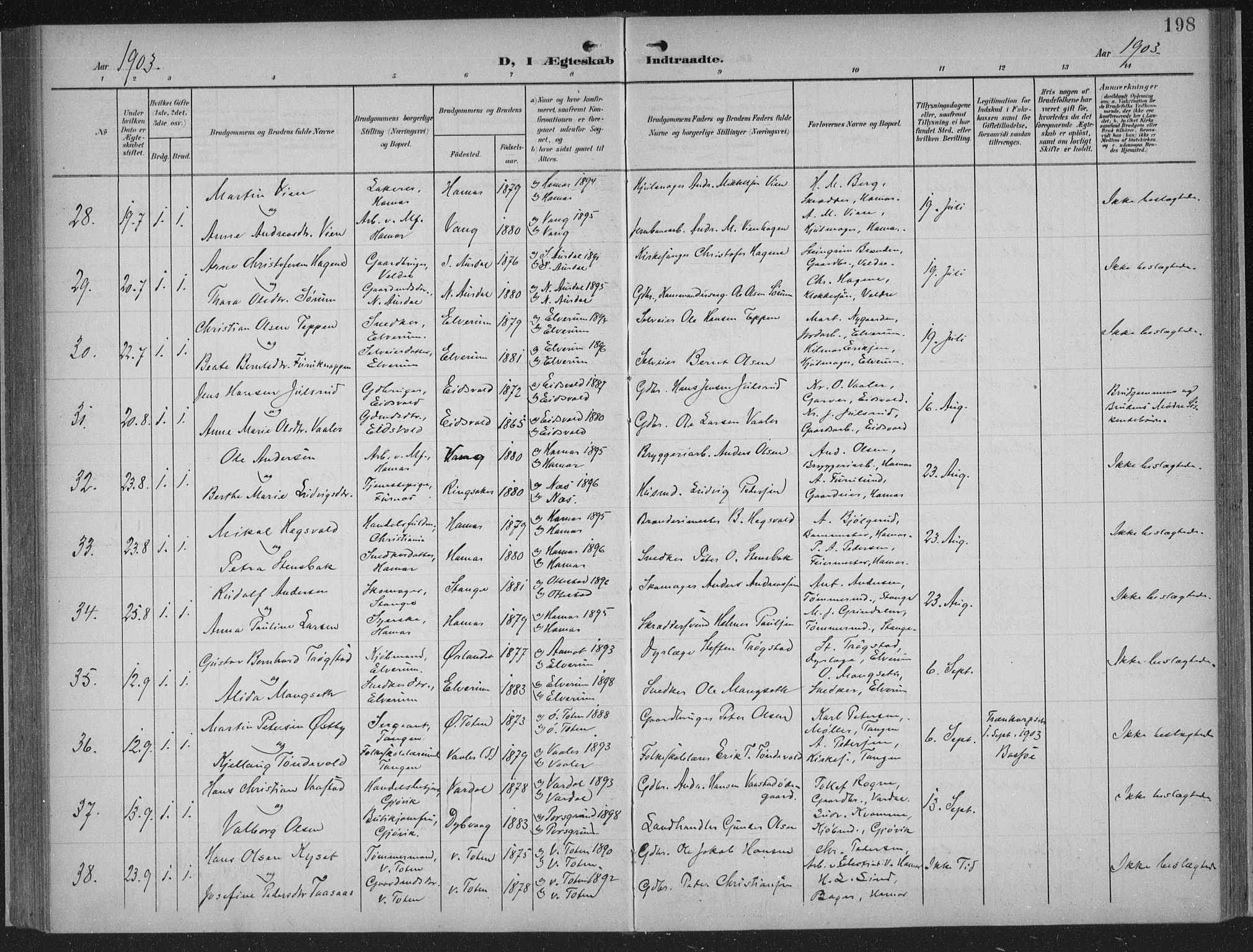 Hamar prestekontor, AV/SAH-DOMPH-002/H/Ha/Haa/L0001: Parish register (official) no. 1, 1900-1914, p. 198