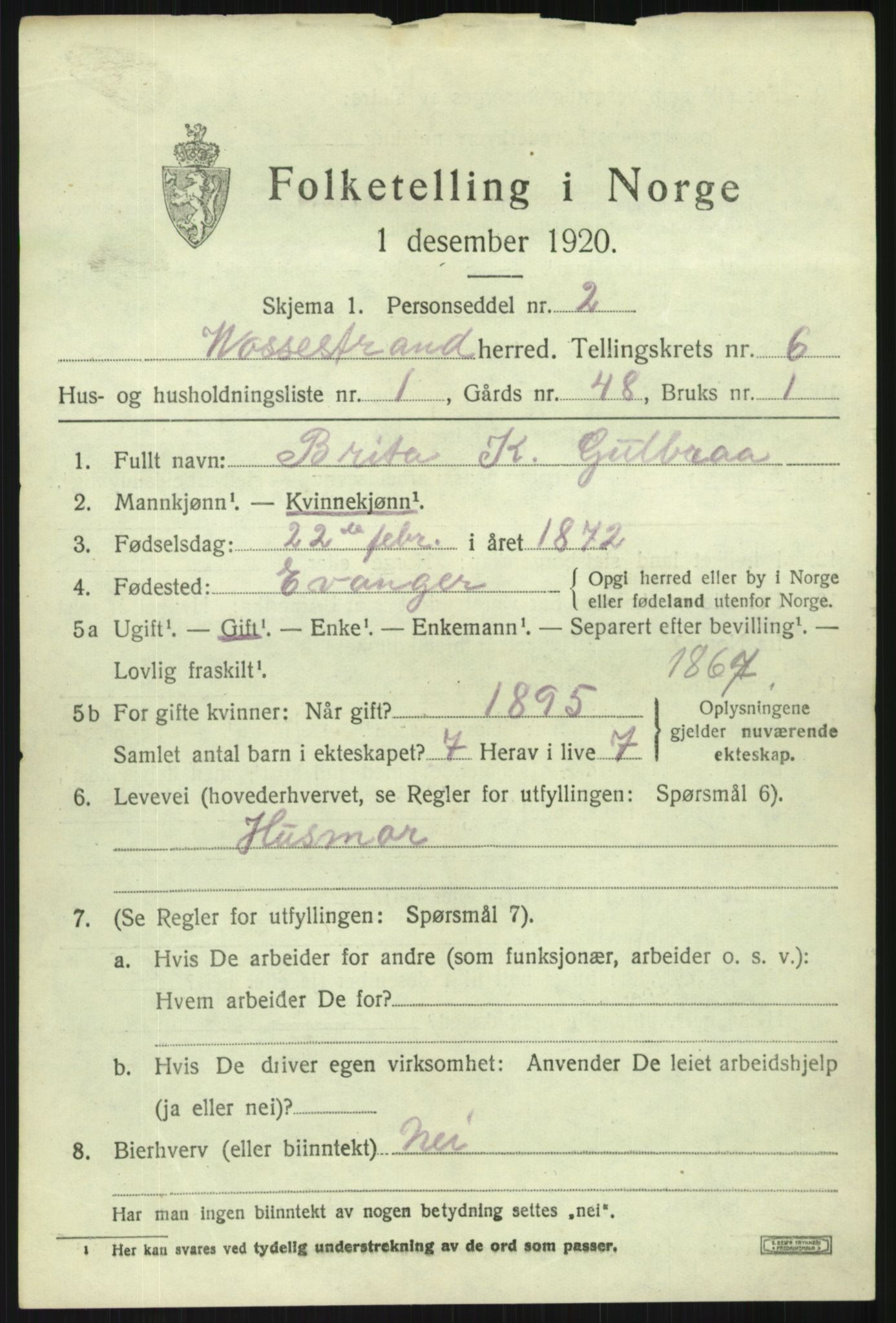 SAB, 1920 census for Vossestrand, 1920, p. 2822