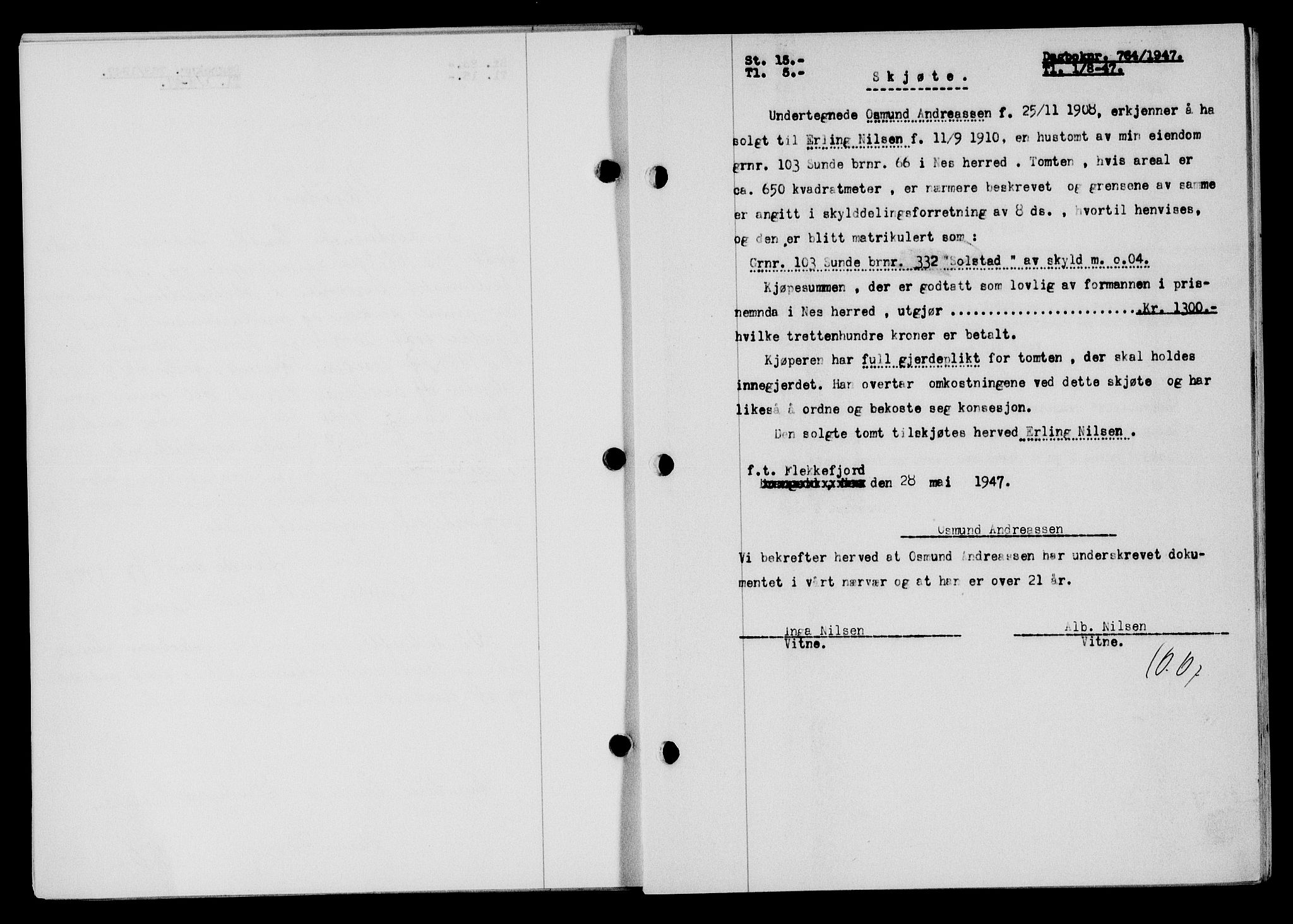 Flekkefjord sorenskriveri, SAK/1221-0001/G/Gb/Gba/L0062: Mortgage book no. A-10, 1947-1947, Diary no: : 764/1947