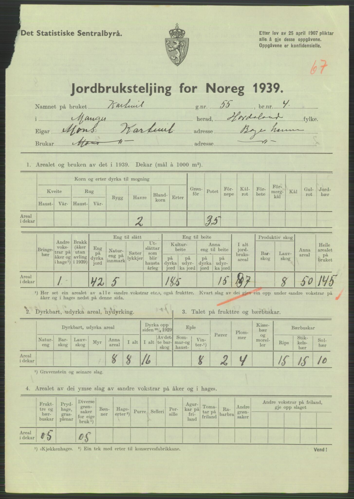 Statistisk sentralbyrå, Næringsøkonomiske emner, Jordbruk, skogbruk, jakt, fiske og fangst, AV/RA-S-2234/G/Gb/L0211: Hordaland: Herdla, Hjelme og Manger, 1939, p. 1847