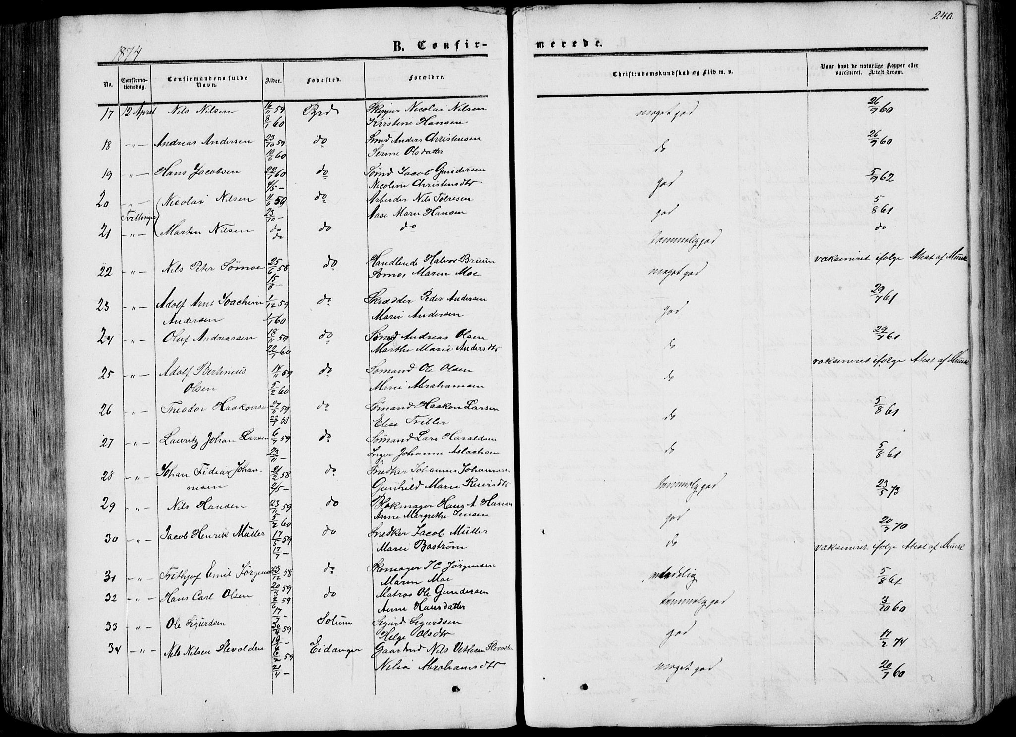 Porsgrunn kirkebøker , AV/SAKO-A-104/F/Fa/L0007: Parish register (official) no. 7, 1858-1877, p. 240