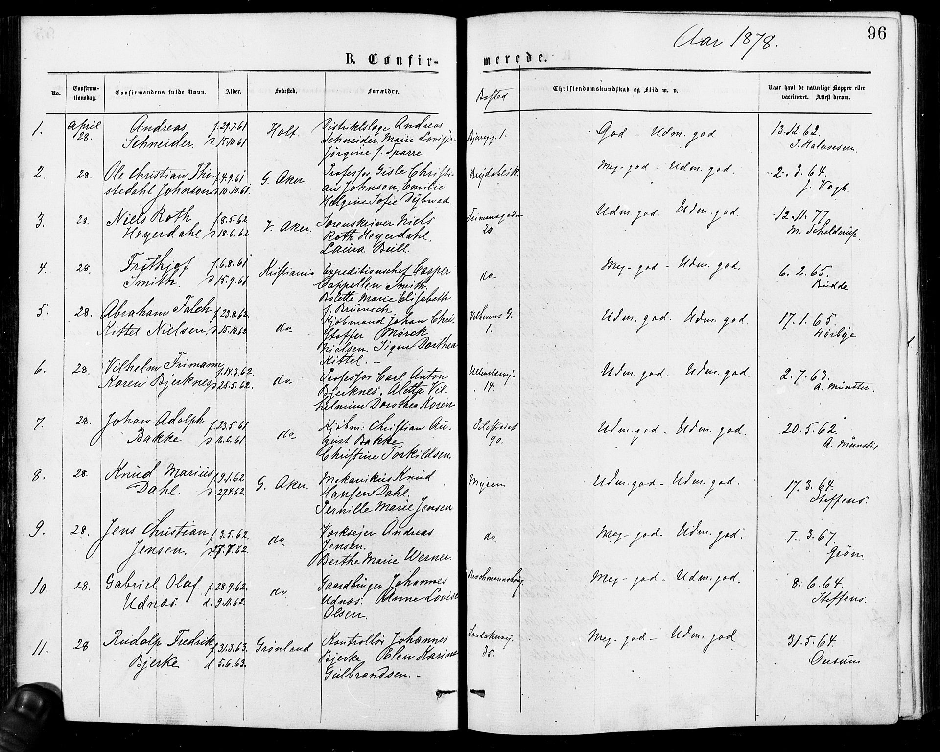 Gamle Aker prestekontor Kirkebøker, AV/SAO-A-10617a/F/L0005: Parish register (official) no. 5, 1873-1881, p. 96