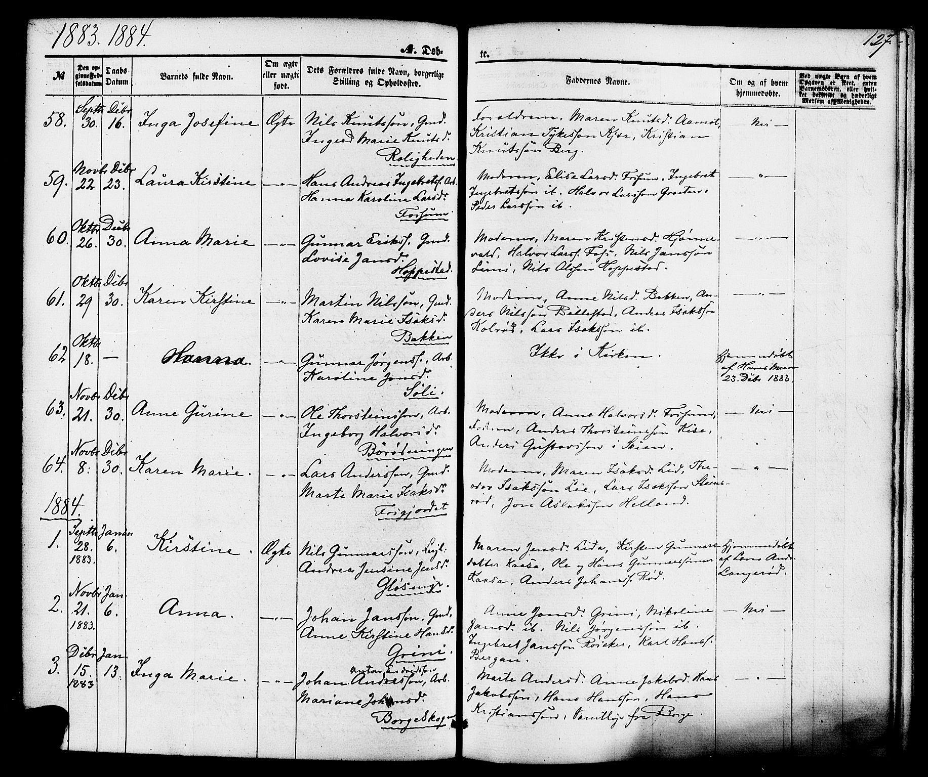 Gjerpen kirkebøker, SAKO/A-265/F/Fa/L0009: Parish register (official) no. I 9, 1872-1885, p. 127