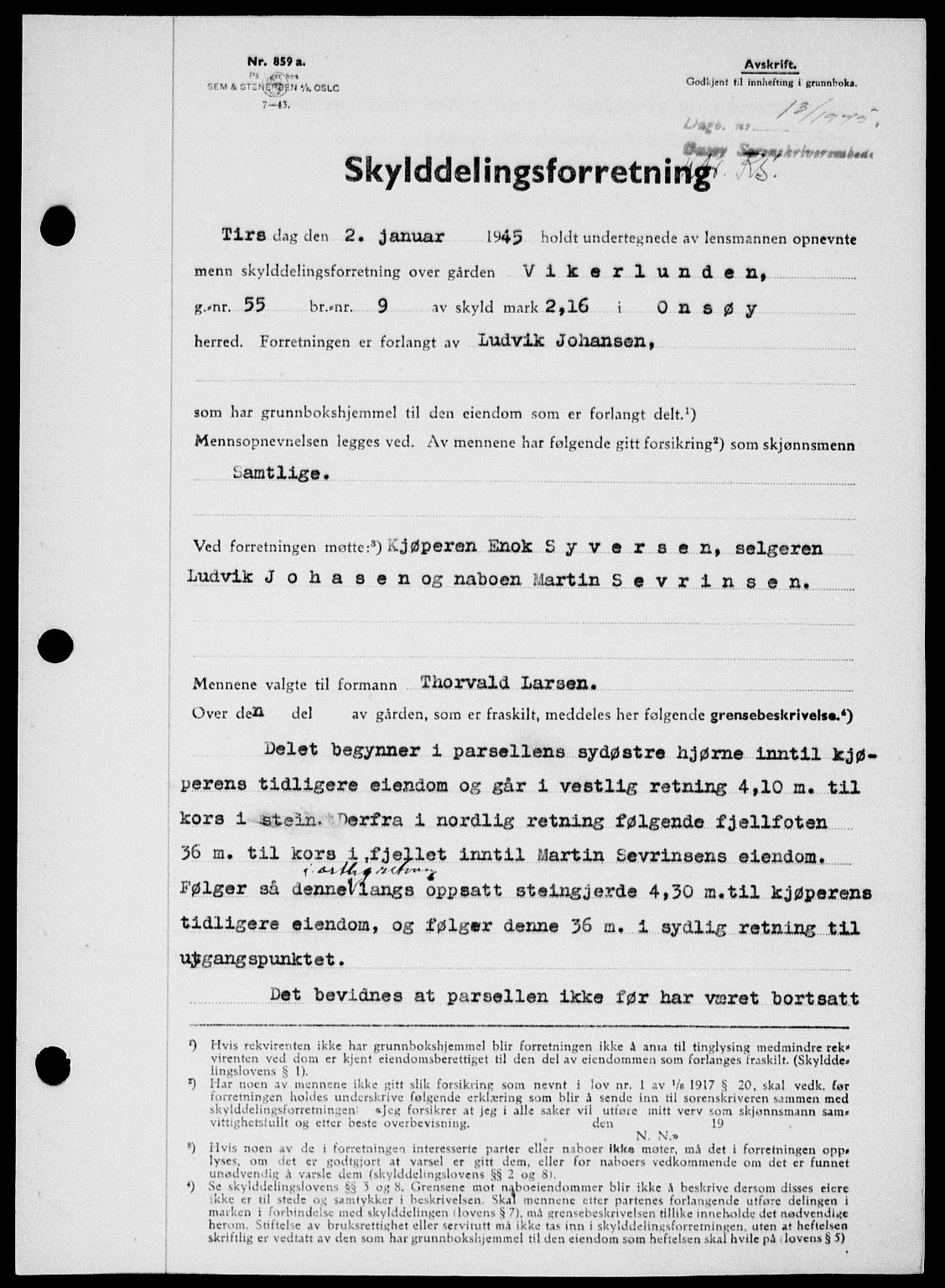 Onsøy sorenskriveri, SAO/A-10474/G/Ga/Gab/L0014: Mortgage book no. II A-14, 1944-1945, Diary no: : 13/1945