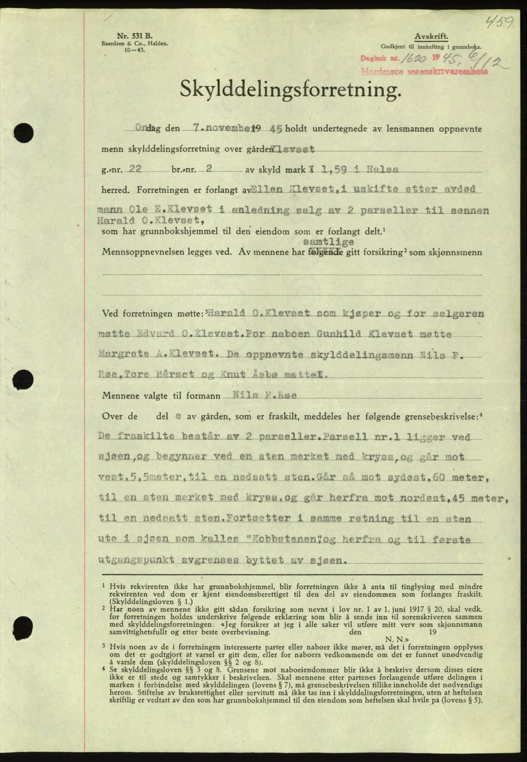 Nordmøre sorenskriveri, AV/SAT-A-4132/1/2/2Ca: Mortgage book no. A100a, 1945-1945, Diary no: : 1620/1945