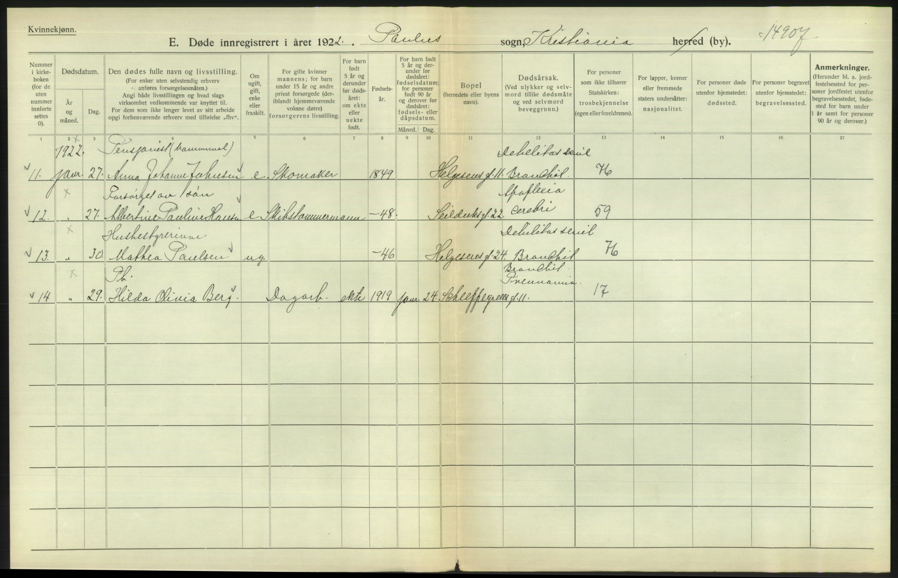 Statistisk sentralbyrå, Sosiodemografiske emner, Befolkning, RA/S-2228/D/Df/Dfc/Dfcb/L0009: Kristiania: Døde, 1922, p. 538