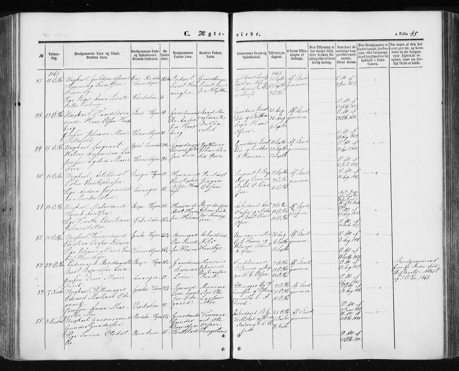 Ministerialprotokoller, klokkerbøker og fødselsregistre - Sør-Trøndelag, SAT/A-1456/601/L0053: Parish register (official) no. 601A21, 1857-1865, p. 45